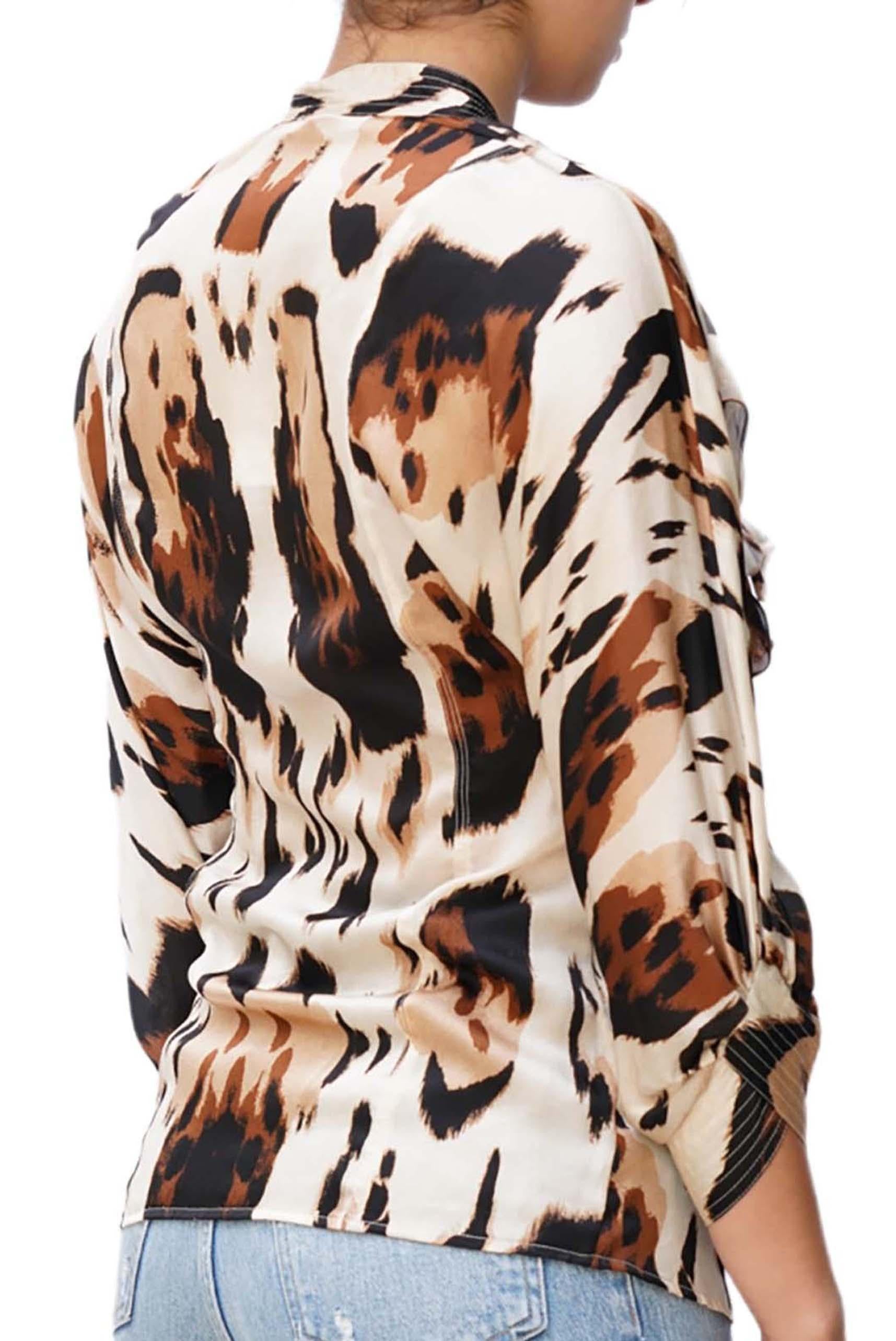 1990S ROBERTO CAVALLI Brown & Ivory Silk Blouse For Sale 2