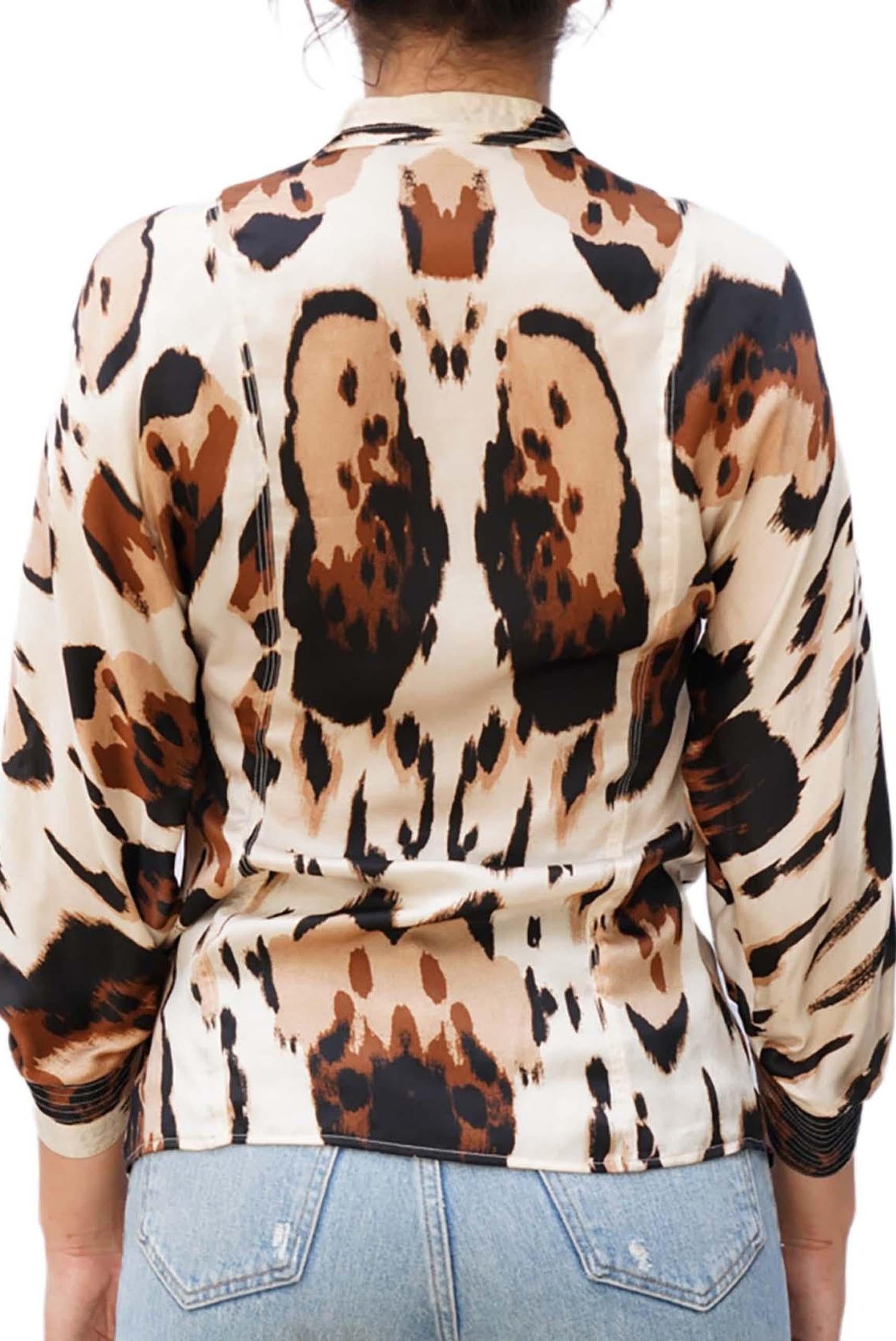 1990S ROBERTO CAVALLI Brown & Ivory Silk Blouse For Sale 4