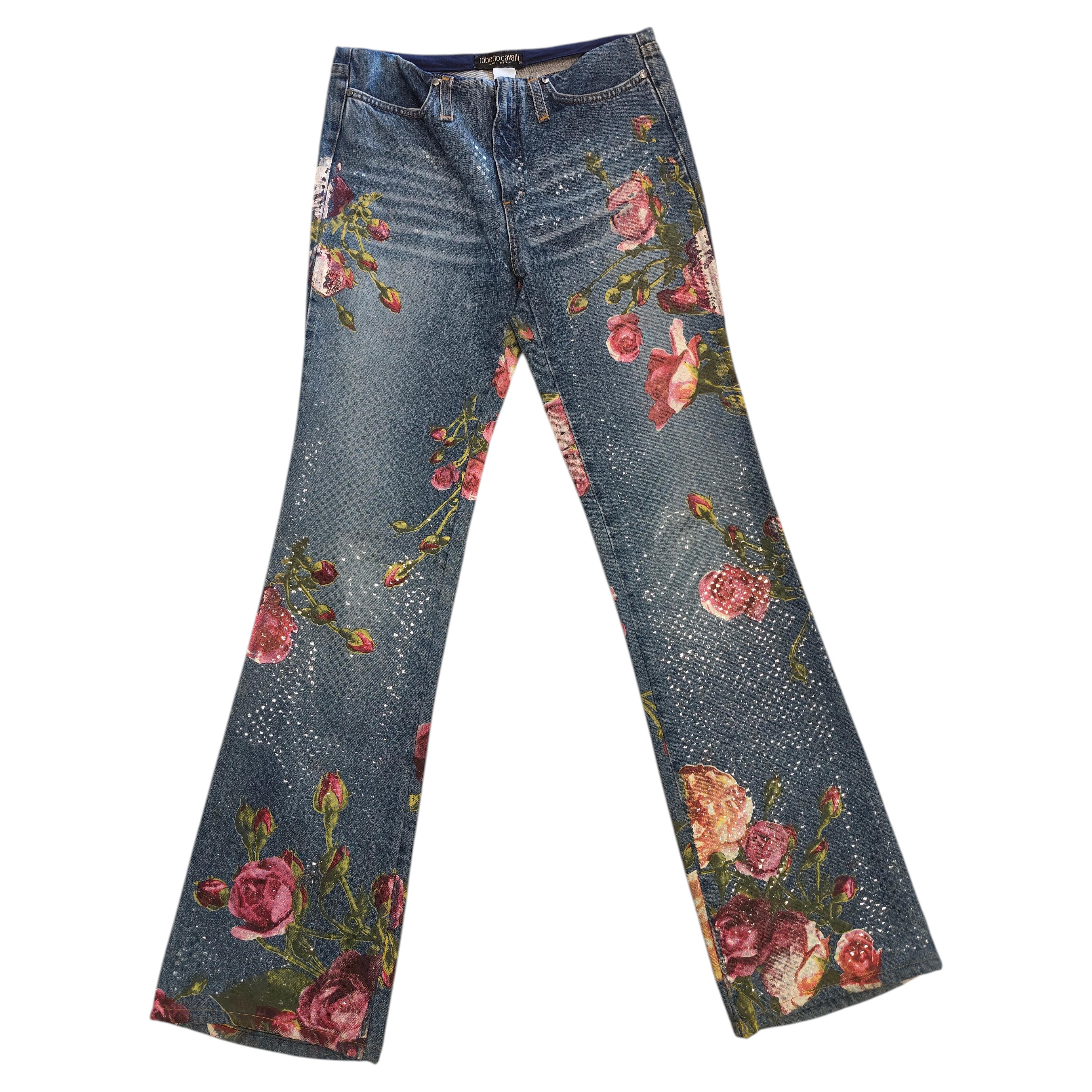 1990s Roberto Cavalli cotton denim with roses size S jeans