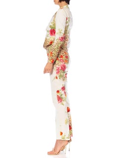 1990S ROBERTO CAVALLI Cream Floral Print Denim Jean Jacket & Pants Ensemble