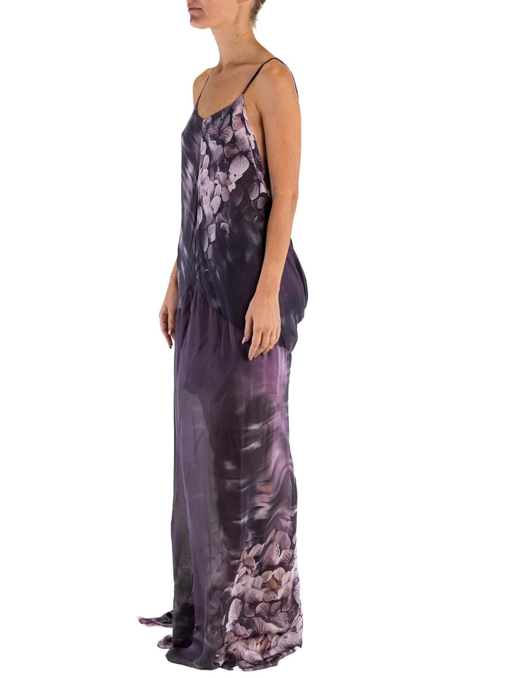 Tagged size 42 1990S ROBERTO CAVALLI Dark Purple Silk Chiffom Floral Gown 