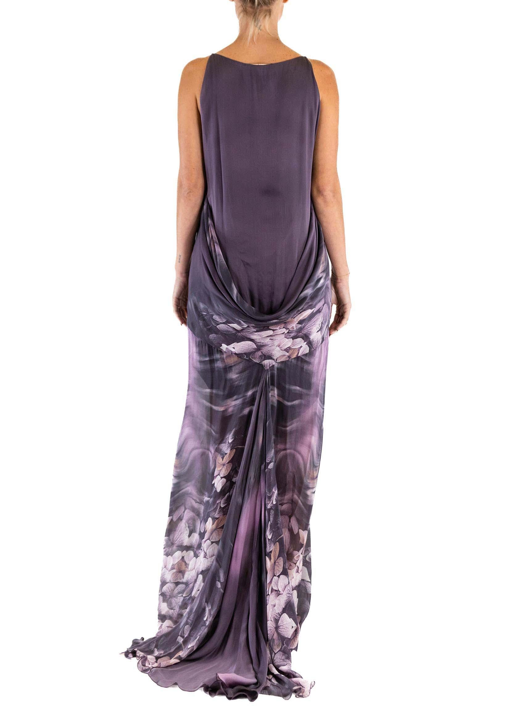 1990S ROBERTO CAVALLI Dark Purple Silk Chiffom Floral Gown In Excellent Condition For Sale In New York, NY