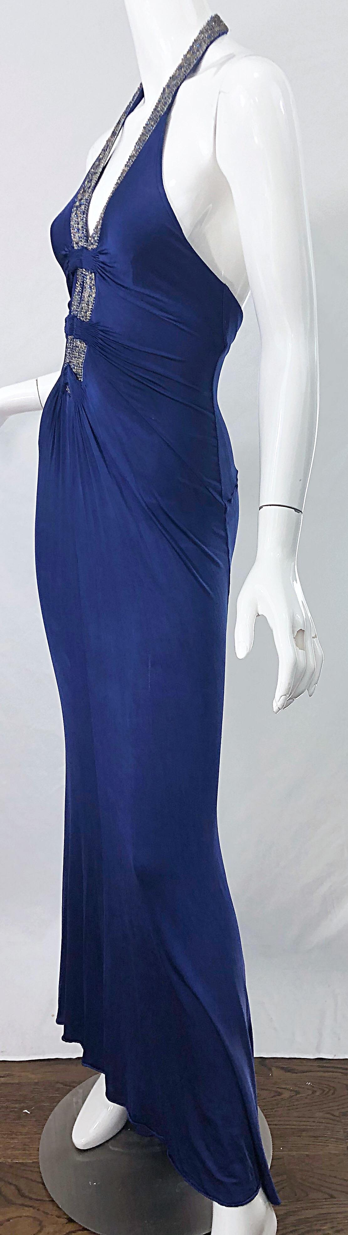 1990s Roberto Cavalli Does 1930s Blue Beaded Cut Out Vintage 90s Jersey Gown 6