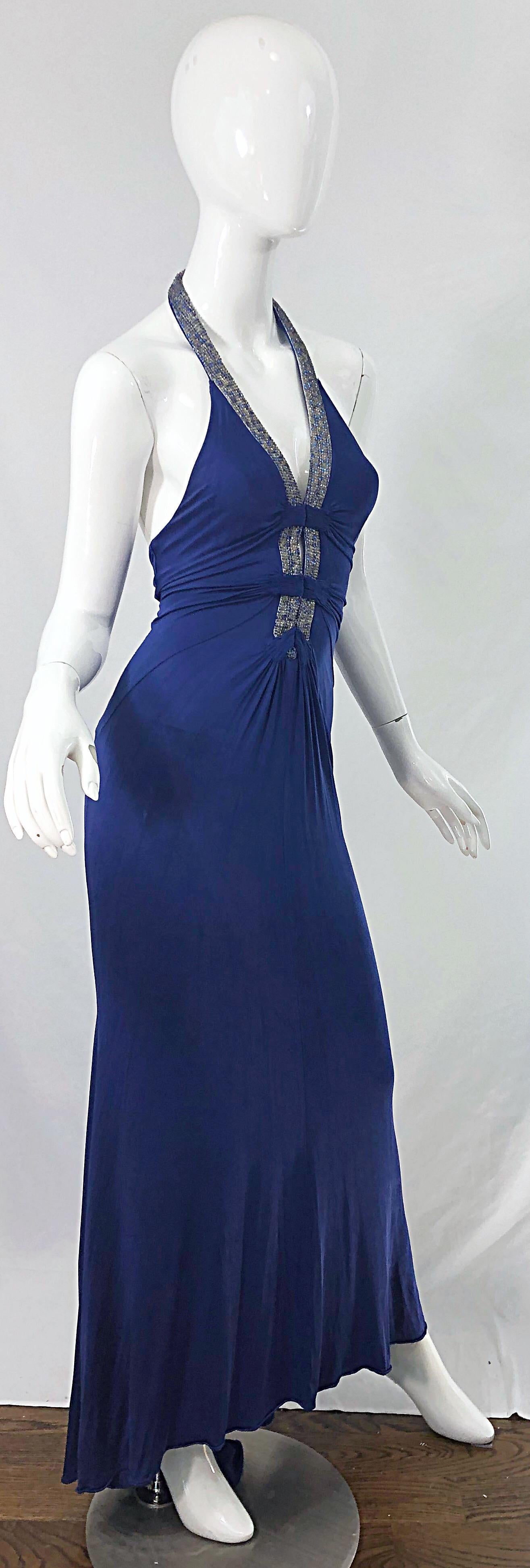1990s Roberto Cavalli Does 1930s Blue Beaded Cut Out Vintage 90s Jersey Gown 8