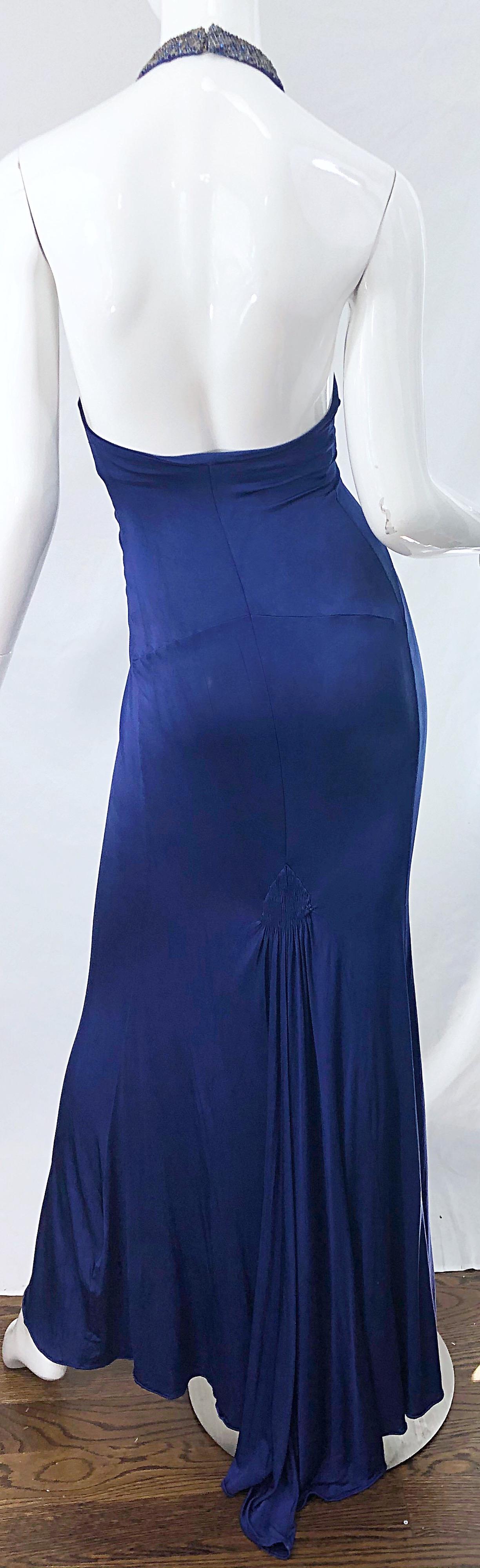 1990s Roberto Cavalli Does 1930s Blue Beaded Cut Out Vintage 90s Jersey Gown 9