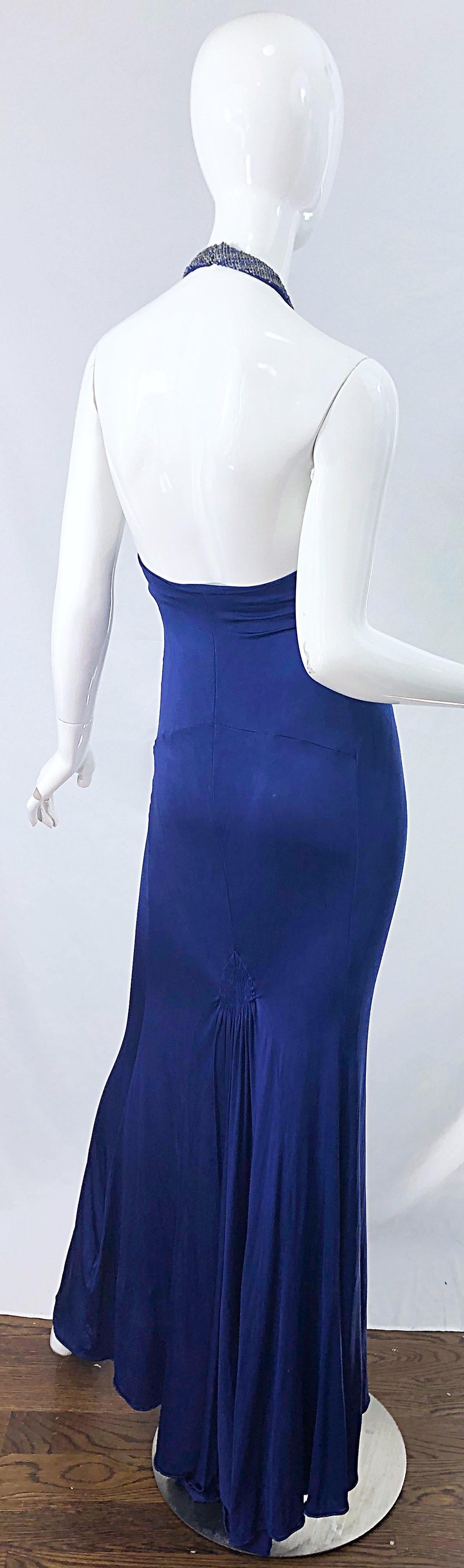1990s Roberto Cavalli Does 1930s Blue Beaded Cut Out Vintage 90s Jersey Gown 10