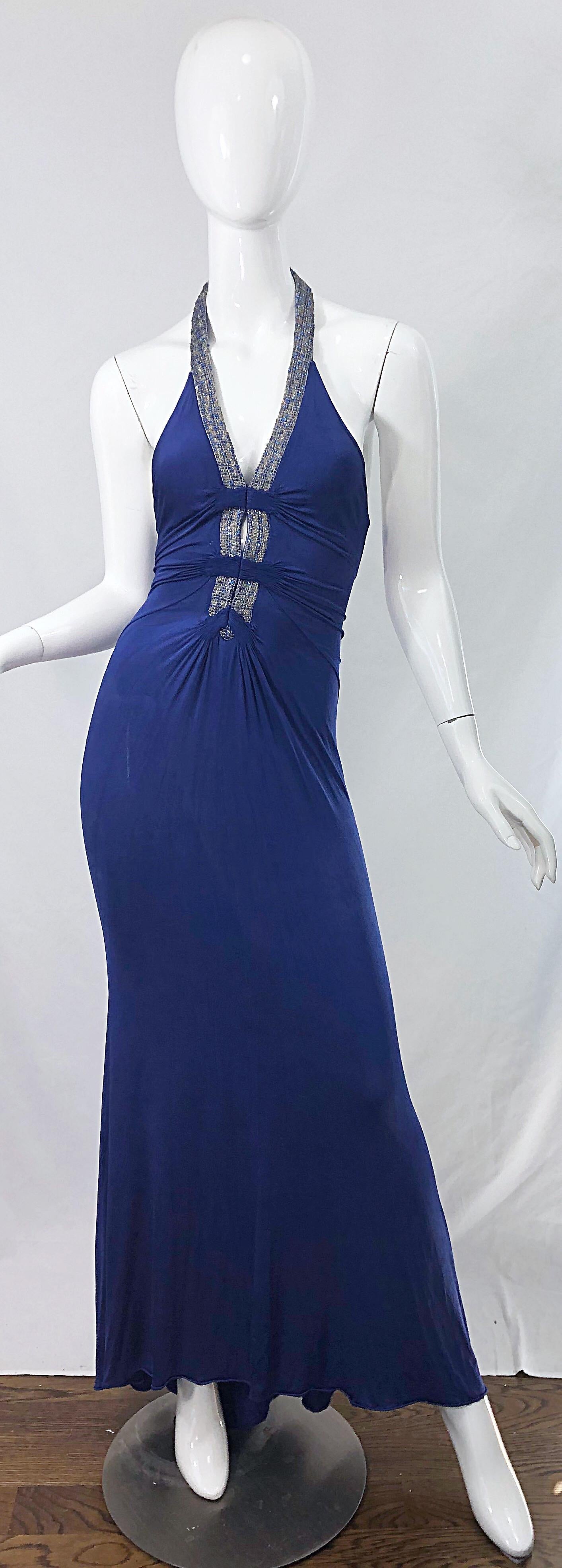 1990s Roberto Cavalli Does 1930s Blue Beaded Cut Out Vintage 90s Jersey Gown 11