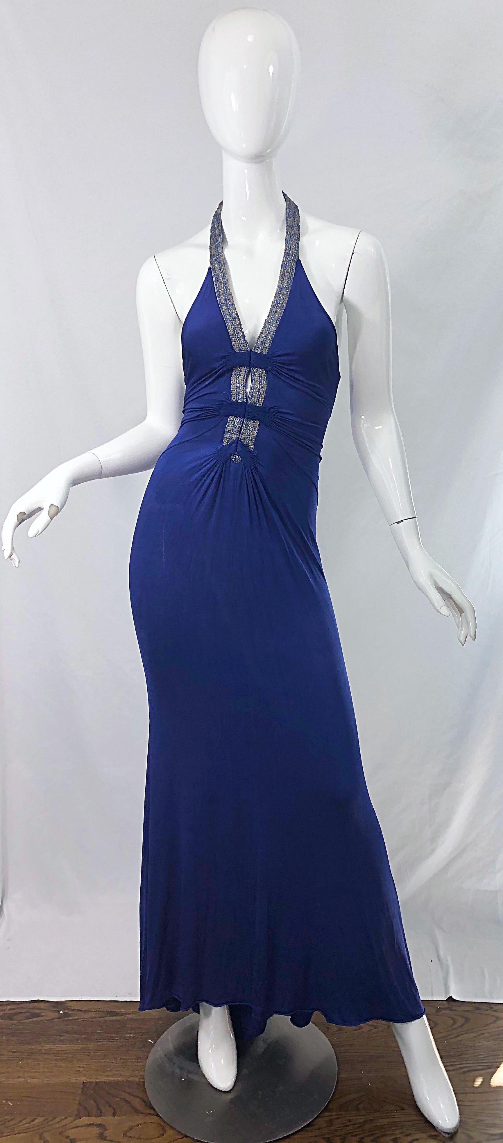 Sexy 90s does 30s ROBERTO CAVALLI vintage maxi dress gown ! Features a slinky rayon jersey ( 94 % Rayon, 6% Elastic ) that stretches to fit. Beautiful blue color that was drip dyed to showcase various shades. Simply slips over the head with
