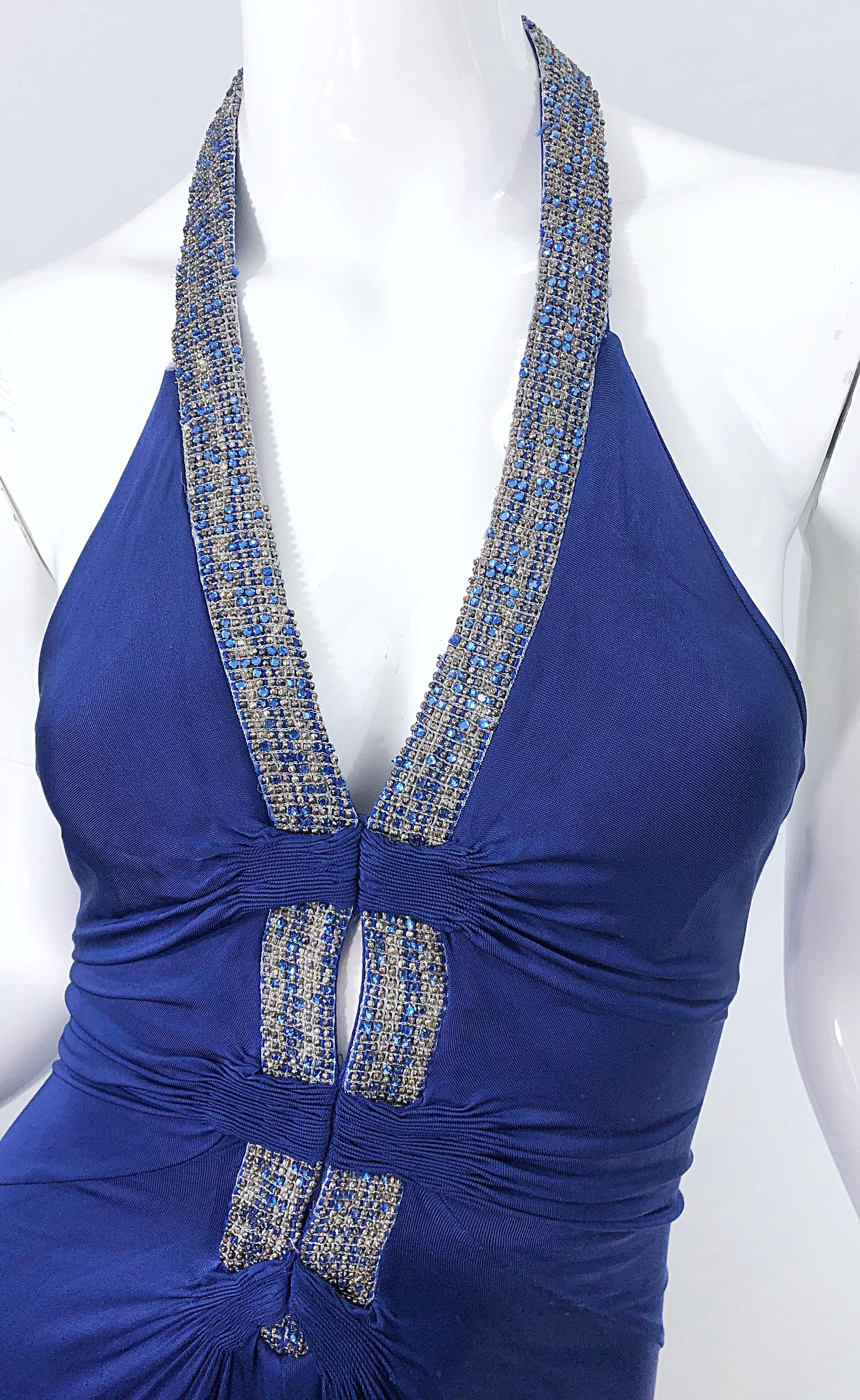 Women's 1990s Roberto Cavalli Does 1930s Blue Beaded Cut Out Vintage 90s Jersey Gown