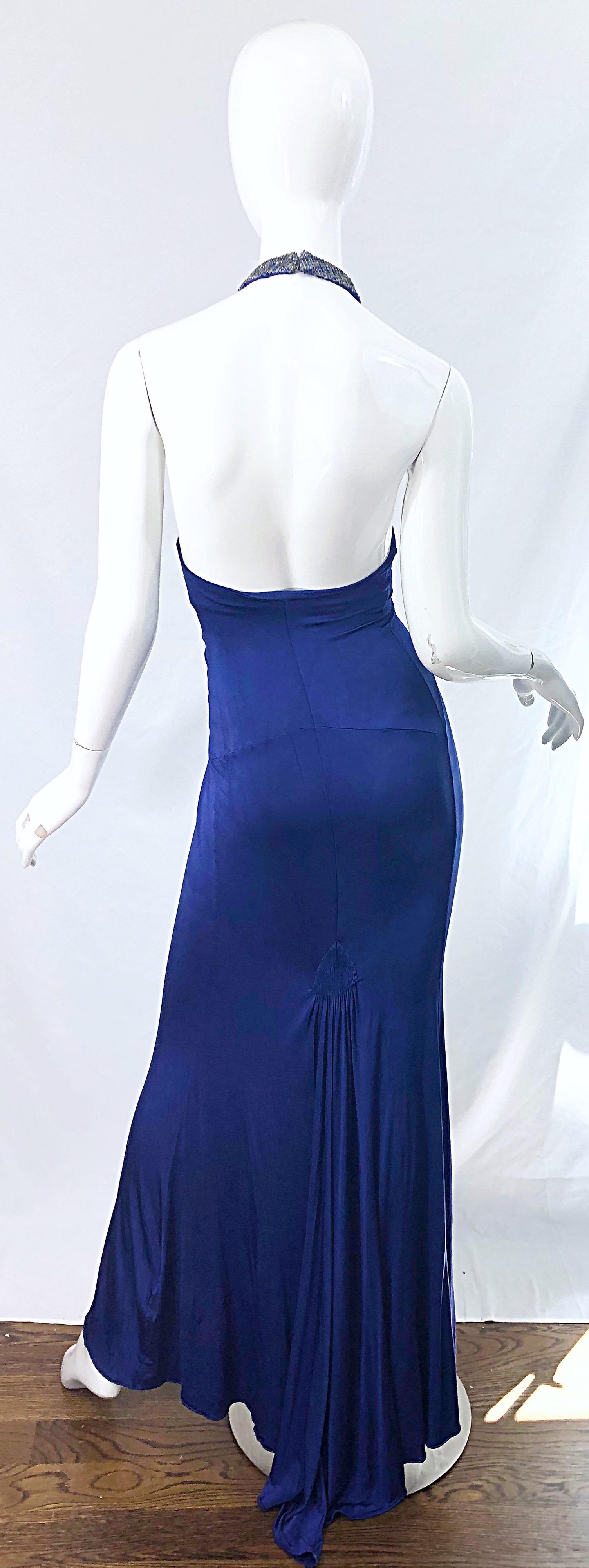 1990s Roberto Cavalli Does 1930s Blue Beaded Cut Out Vintage 90s Jersey Gown 1