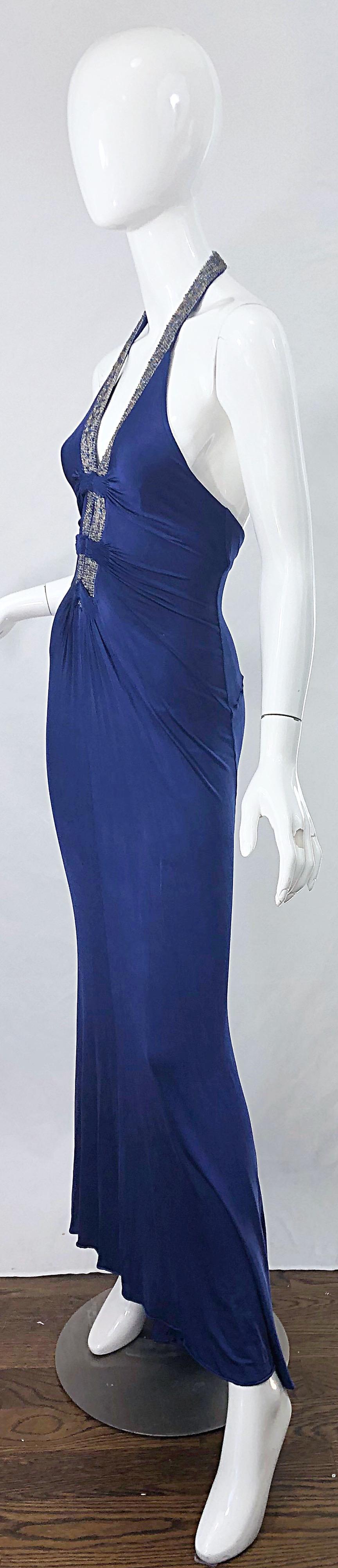 1990s Roberto Cavalli Does 1930s Blue Beaded Cut Out Vintage 90s Jersey Gown 3