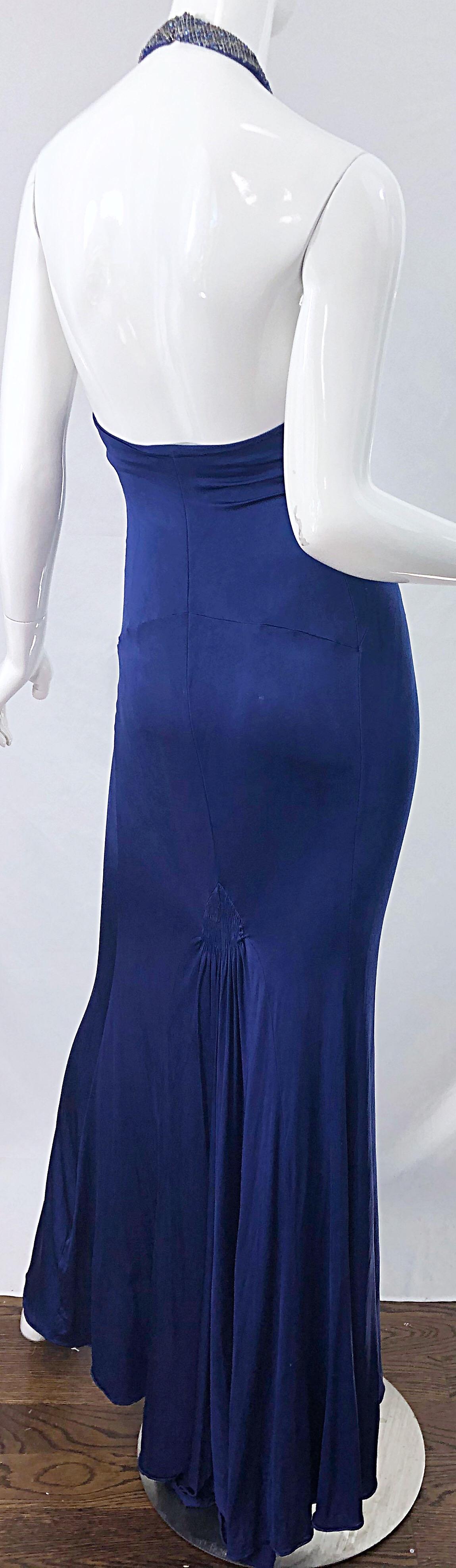 1990s Roberto Cavalli Does 1930s Blue Beaded Cut Out Vintage 90s Jersey Gown 5