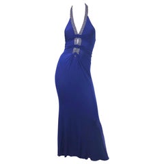 1990s Roberto Cavalli Does 1930s Blue Beaded Cut Out Vintage 90s Jersey Gown