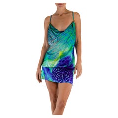 1990S ROBERTO CAVALLI Green & Blue Bias Cut Silk Tropical Fish Print Cocktail D