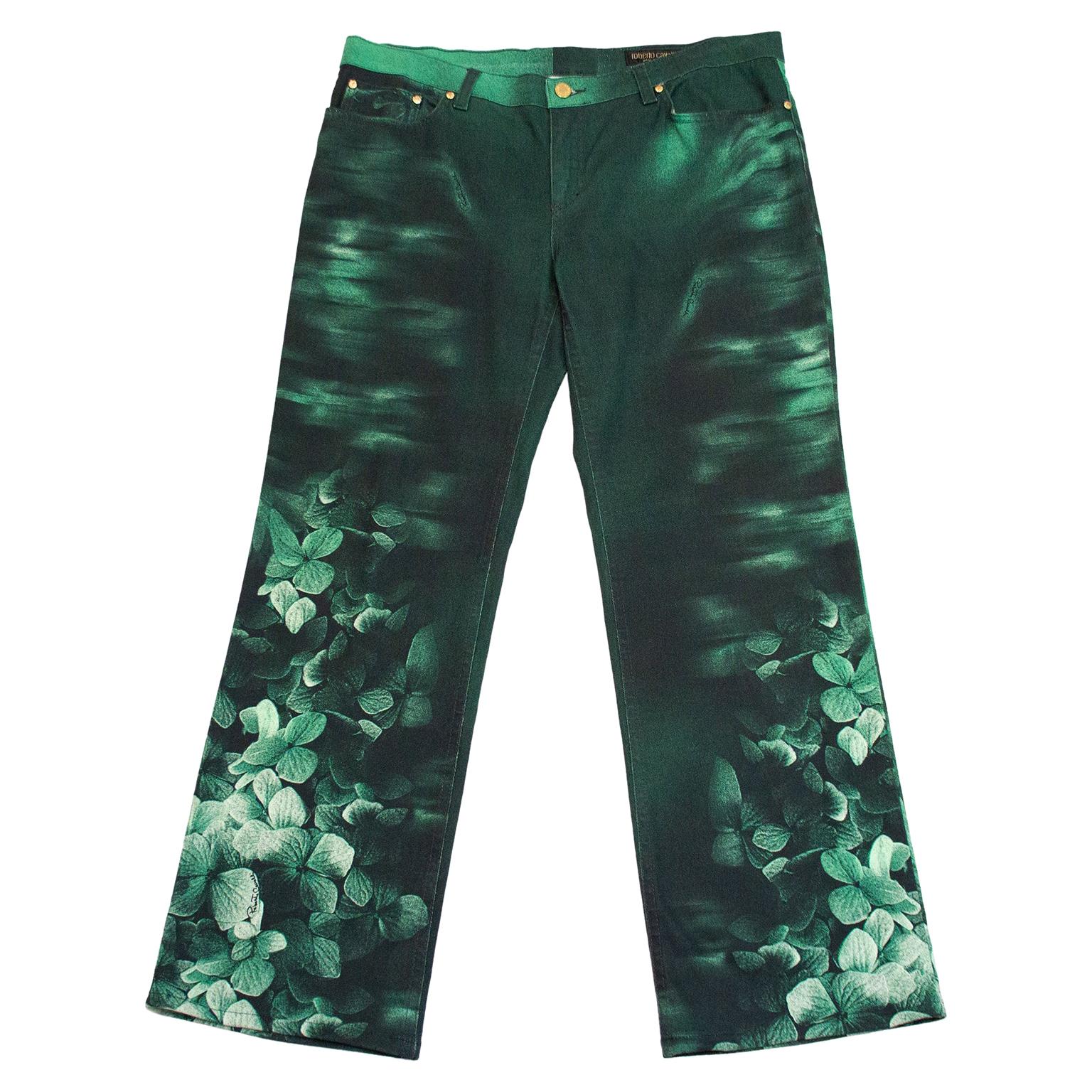 1990s Roberto Cavalli Green Floral Jeans