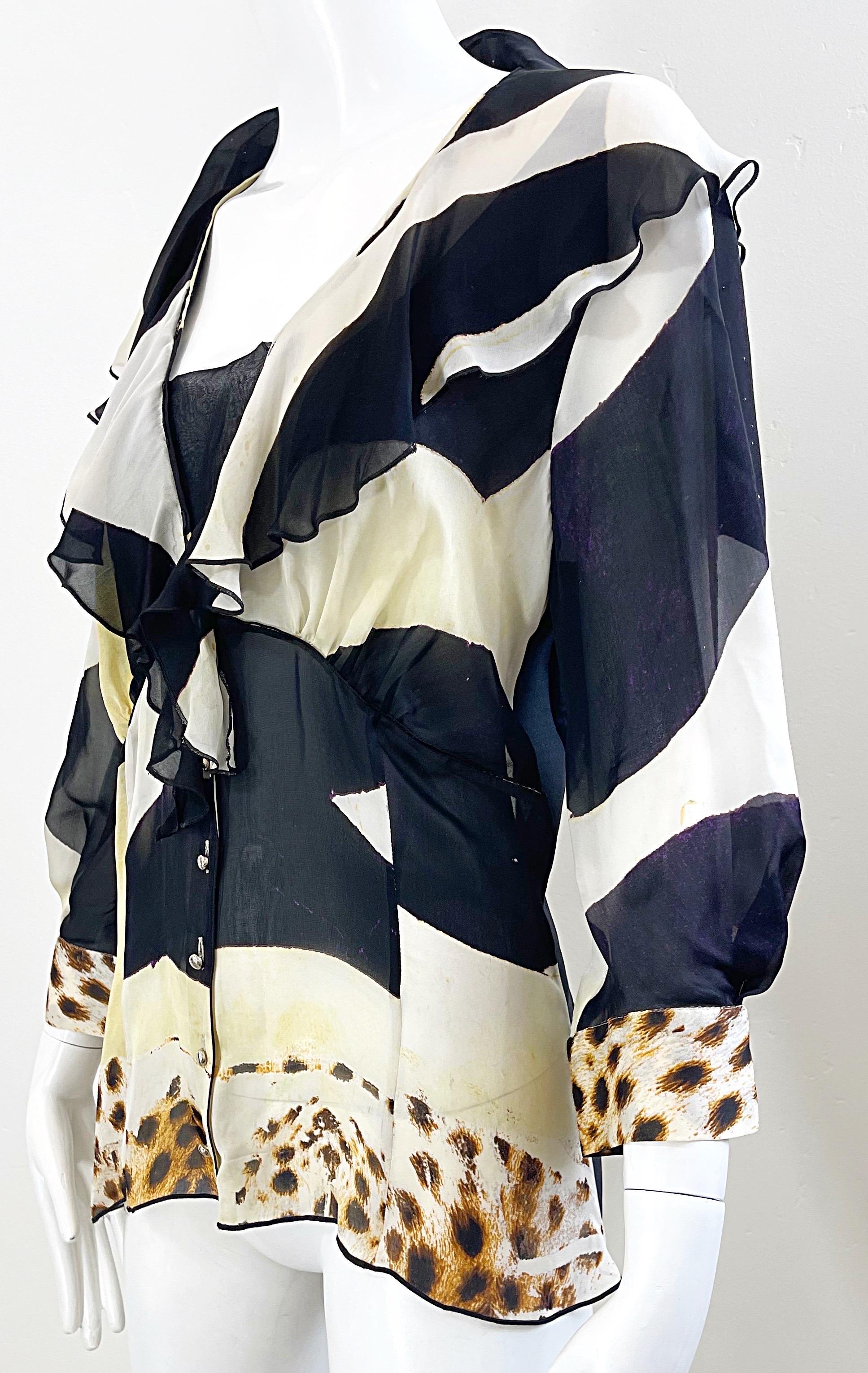 1990s Roberto Cavalli Large Size Leopard Animal Zebra Print Chiffon 90s Blouse For Sale 4