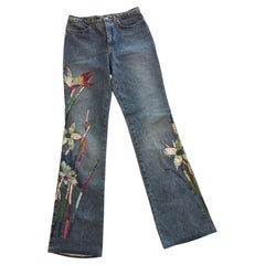 1990s Roberto Cavalli multicoloured sequins flowers denim pants size S