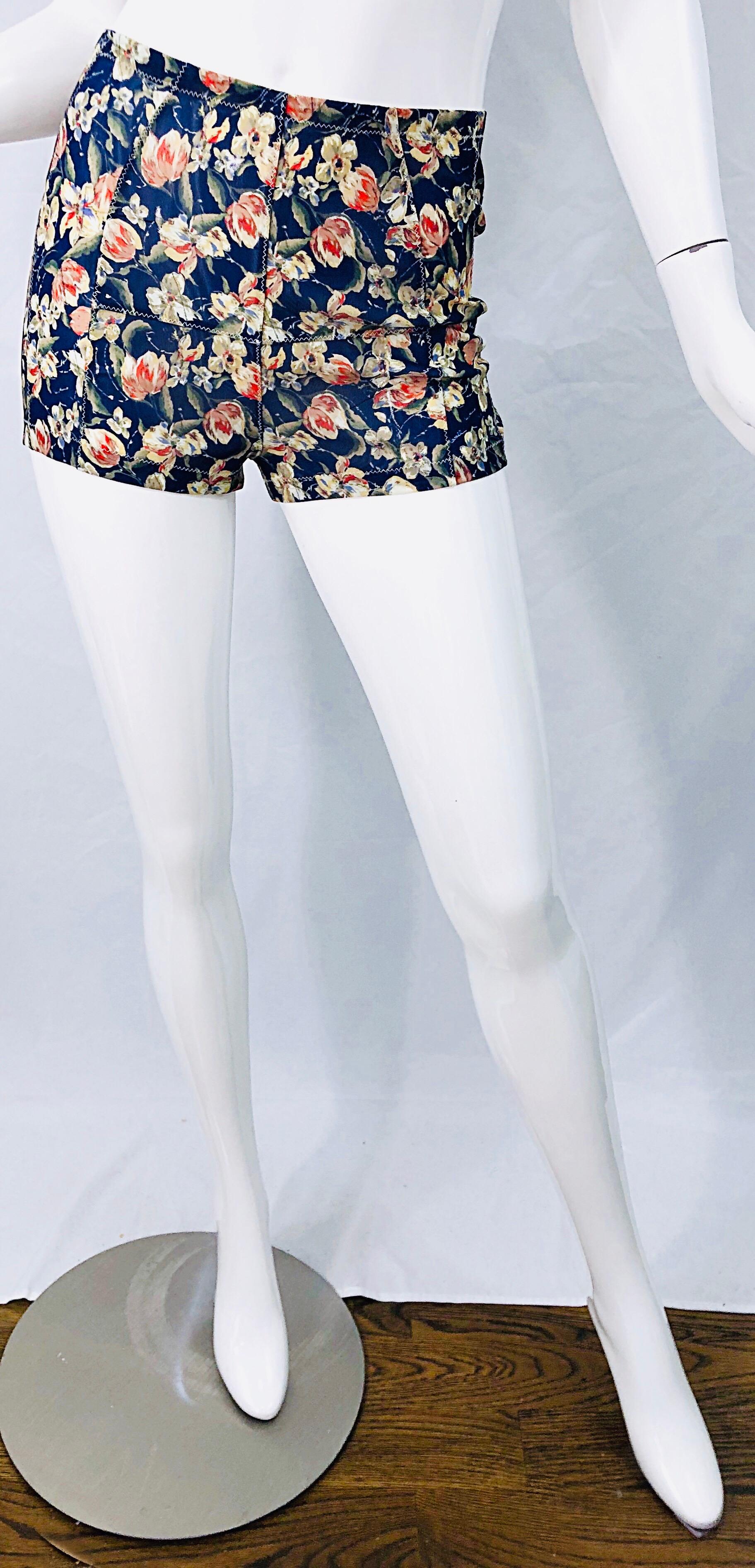 1990s Roberto Cavalli Navy Blue Flower Print Vintage 90s Mesh Shorts Hot Pants 4