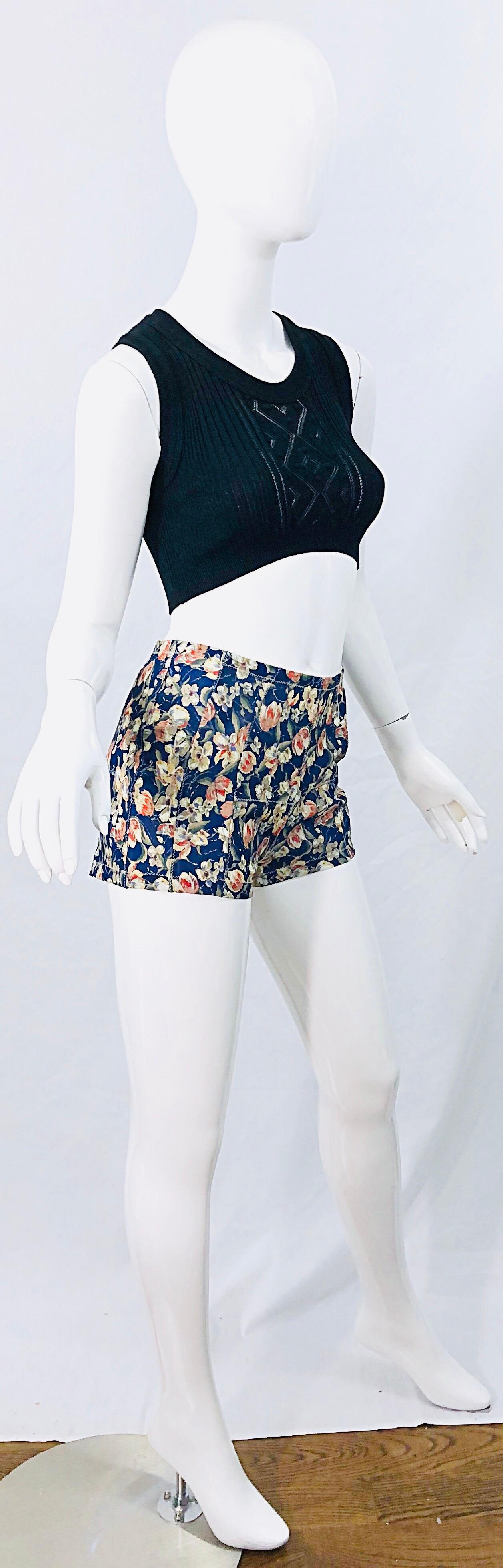 1990s Roberto Cavalli Navy Blue Flower Print Vintage 90s Mesh Shorts Hot Pants In Excellent Condition In San Diego, CA