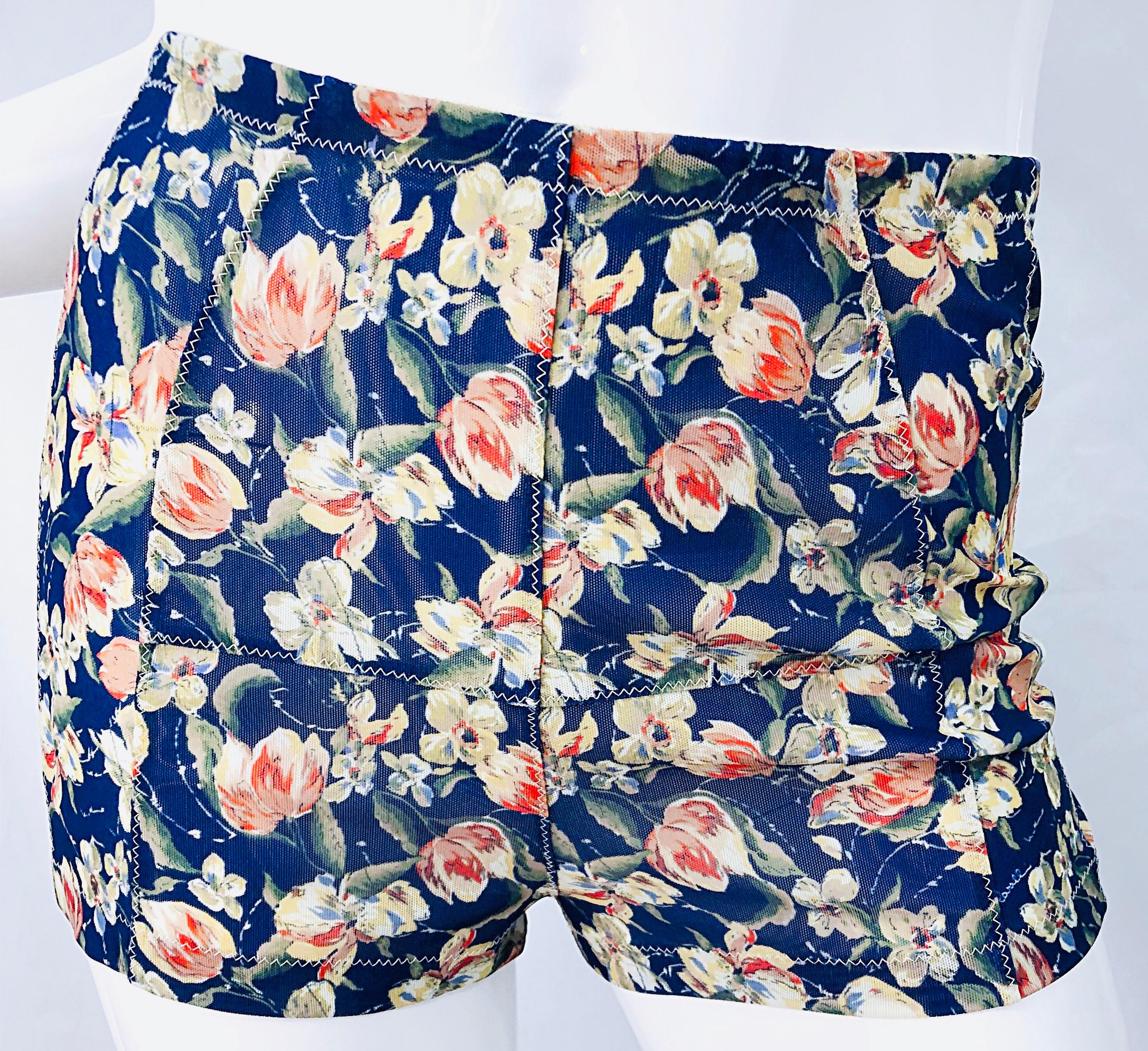 Women's 1990s Roberto Cavalli Navy Blue Flower Print Vintage 90s Mesh Shorts Hot Pants