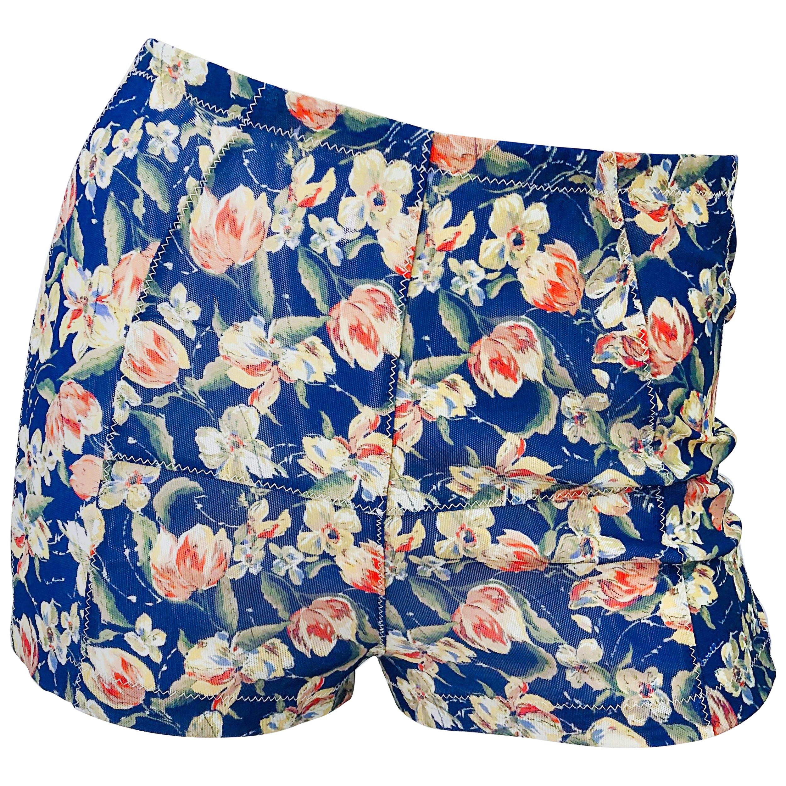 1990s Roberto Cavalli Navy Blue Flower Print Vintage 90s Mesh Shorts Hot Pants