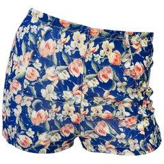 1990s Roberto Cavalli Navy Blue Flower Print Vintage 90s Mesh Shorts Hot Pants