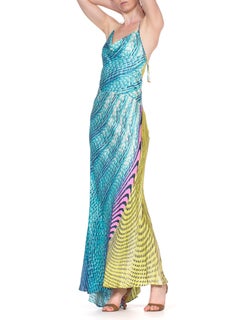 1990's Roberto Cavalli Neon Snake Print Bias Silk Gown