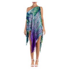 1990S Roberto Cavalli Ocean Blues Silk Chiffon Open Shoulder Dress