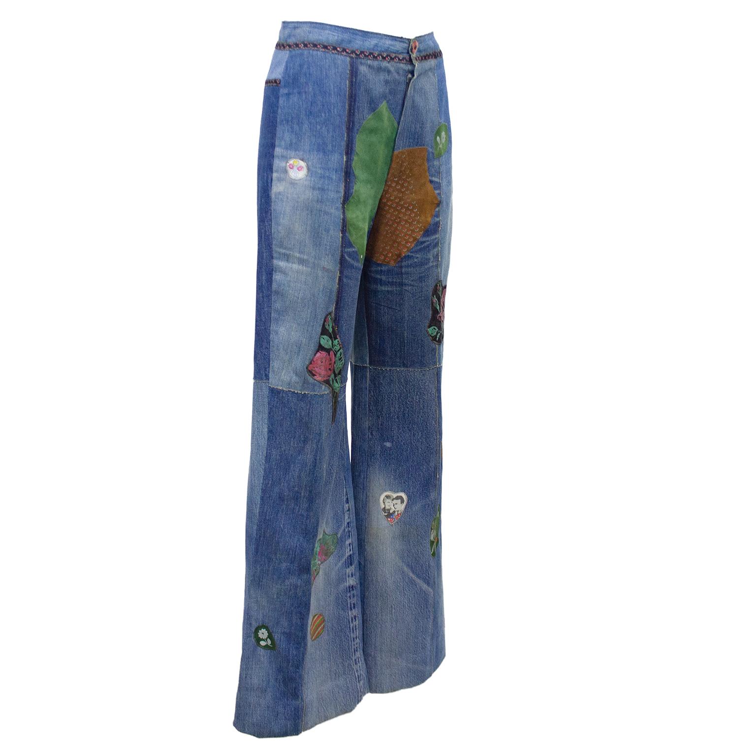 Fun 1990s Roberto Cavalli jeans. Mixed media all over patchwork. Flared shape and patchwork give the jeans a very 70's hippy vibe. Covered button fly with a red flower shaped top button. Fit like a US size 4. Excellent vintage condition. Made in