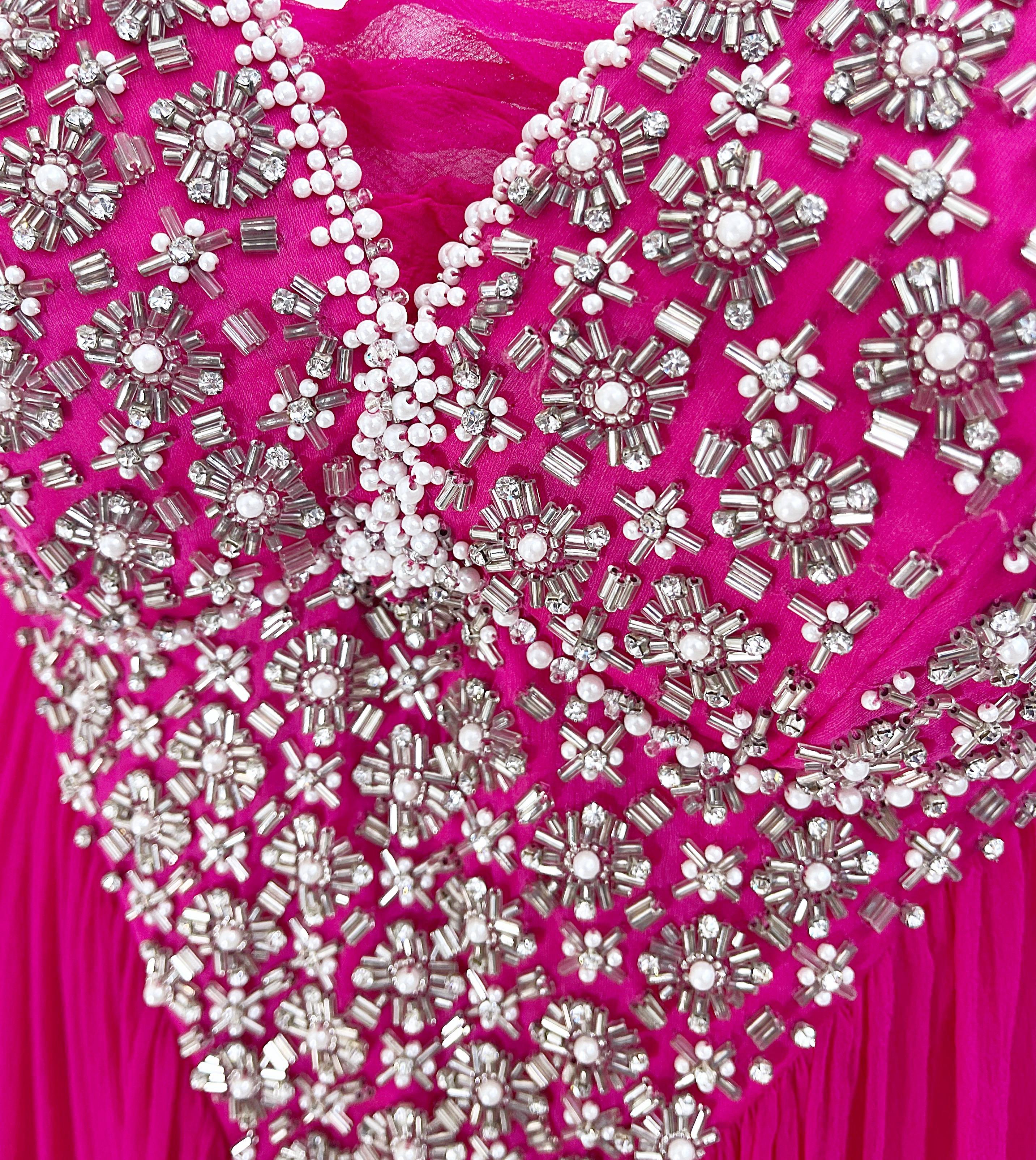 1990s Roberto Cavalli Size 44 / US 8 Hot Pink Chiffon Beaded Rhinestone 90s Gown For Sale 3