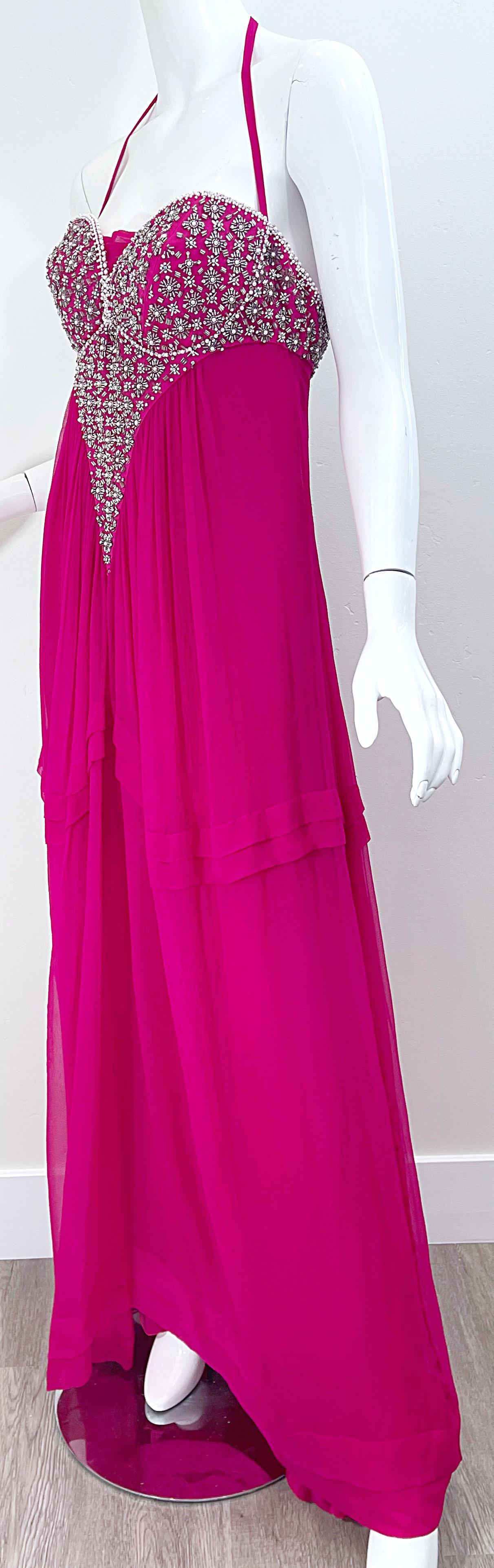 1990s Roberto Cavalli Size 44 / US 8 Hot Pink Chiffon Beaded Rhinestone 90s Gown For Sale 4