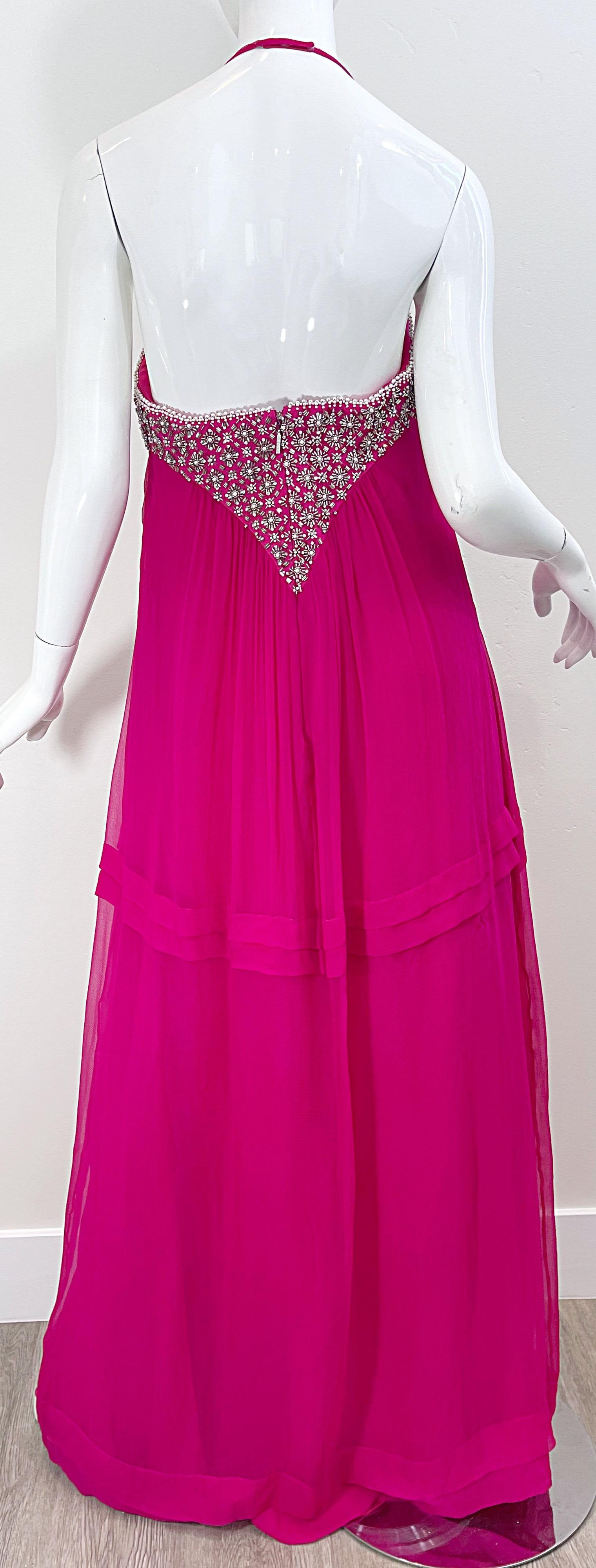1990s Roberto Cavalli Size 44 / US 8 Hot Pink Chiffon Beaded Rhinestone 90s Gown For Sale 5