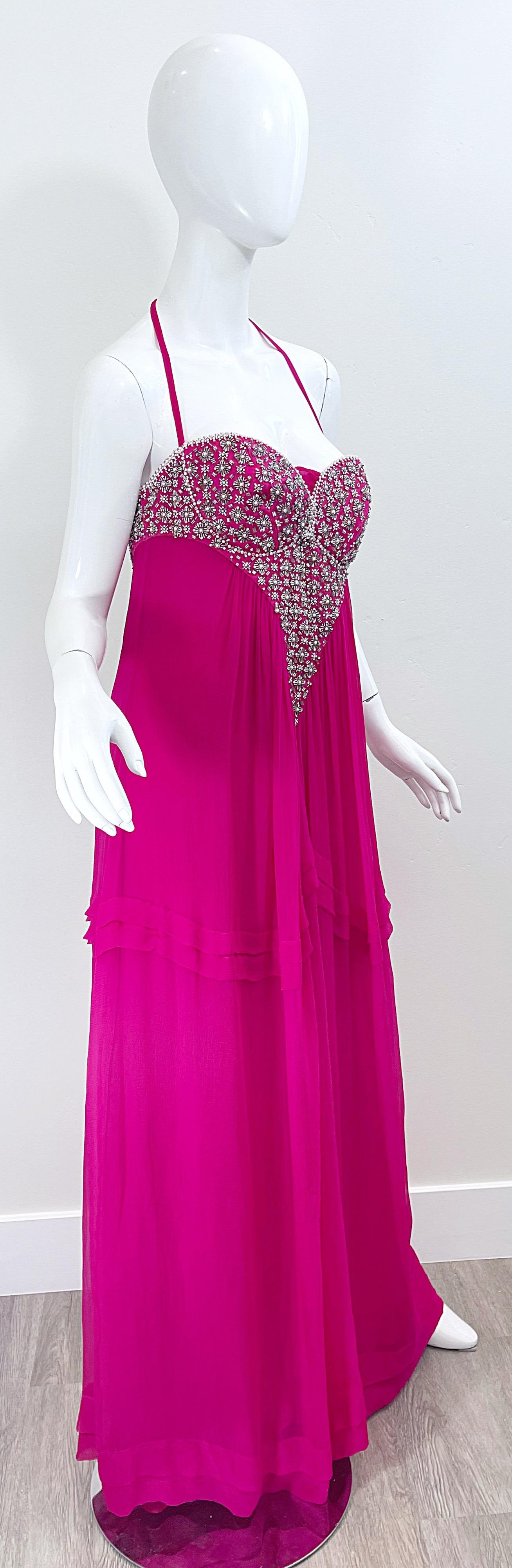 1990s Roberto Cavalli Size 44 / US 8 Hot Pink Chiffon Beaded Rhinestone 90s Gown For Sale 6