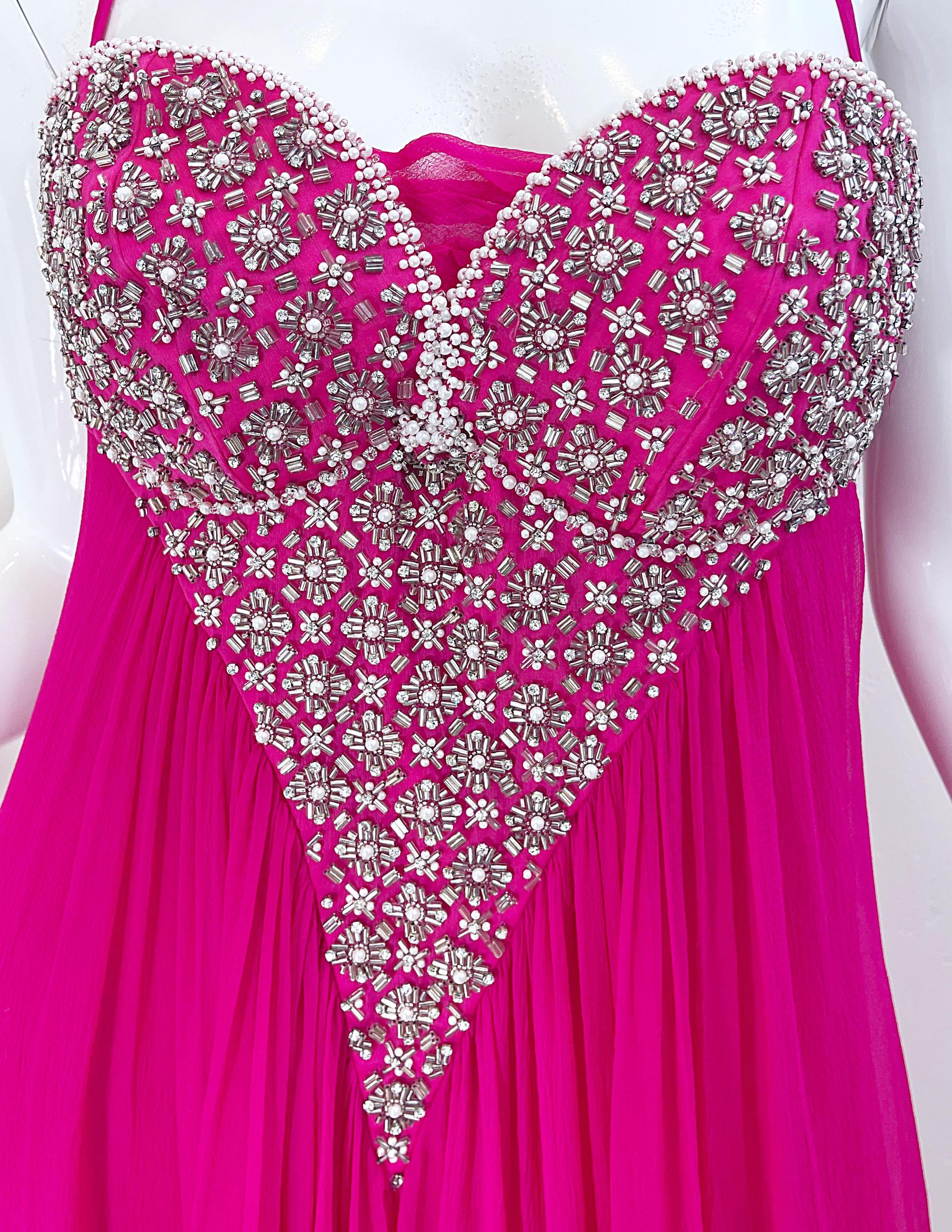 1990s Roberto Cavalli Size 44 / US 8 Hot Pink Chiffon Beaded Rhinestone 90s Gown For Sale 7