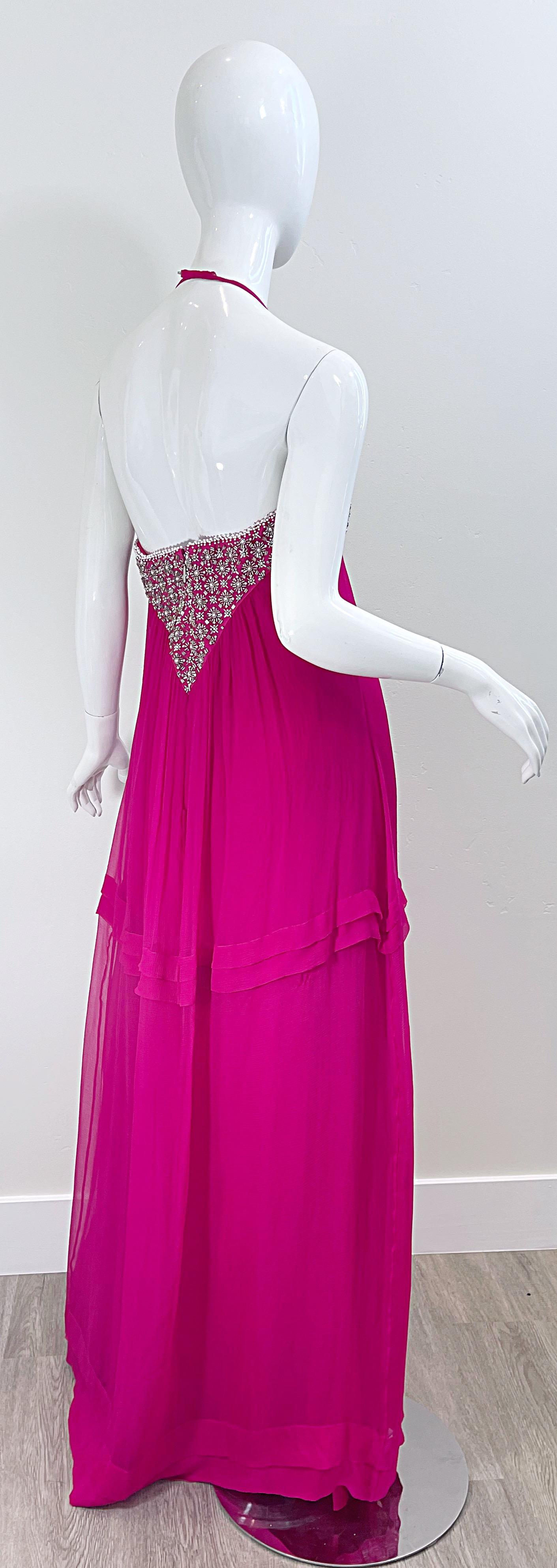 1990s Roberto Cavalli Size 44 / US 8 Hot Pink Chiffon Beaded Rhinestone 90s Gown For Sale 8