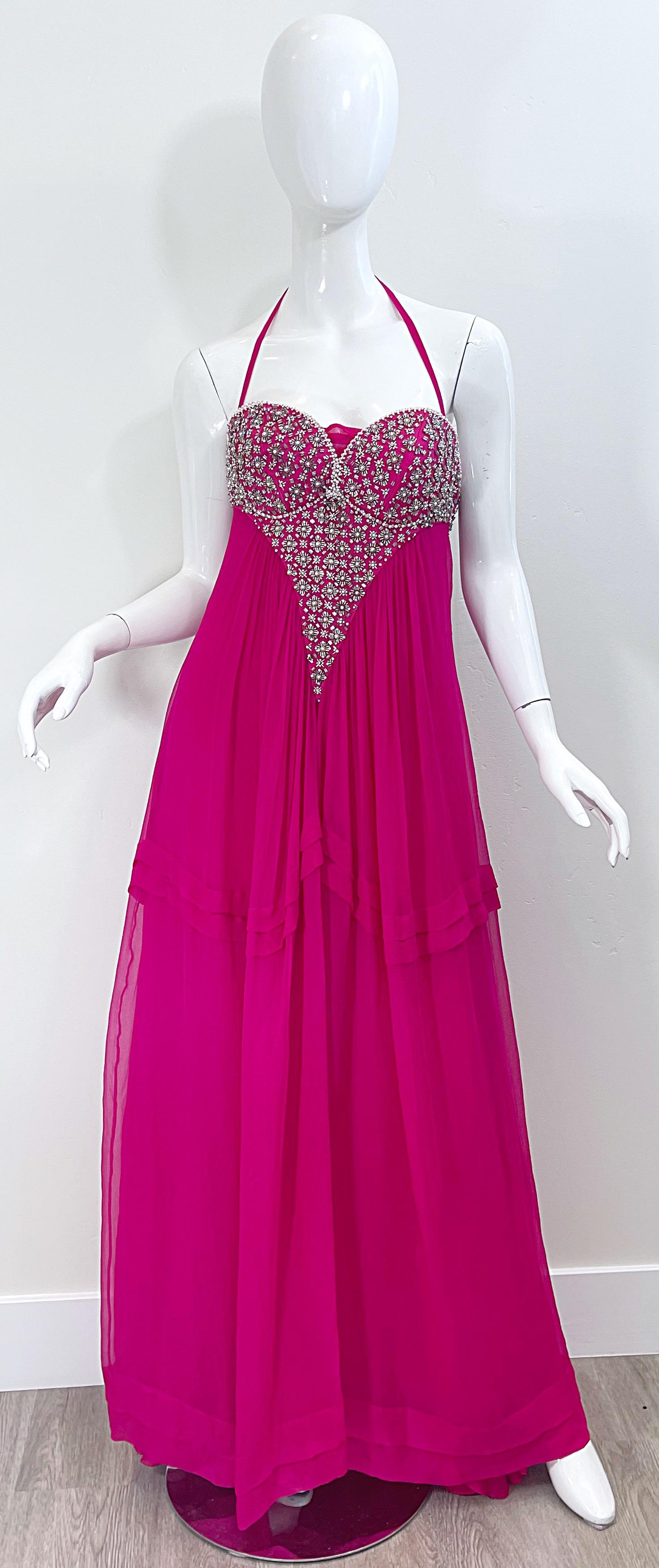 1990s Roberto Cavalli Size 44 / US 8 Hot Pink Chiffon Beaded Rhinestone 90s Gown For Sale 9