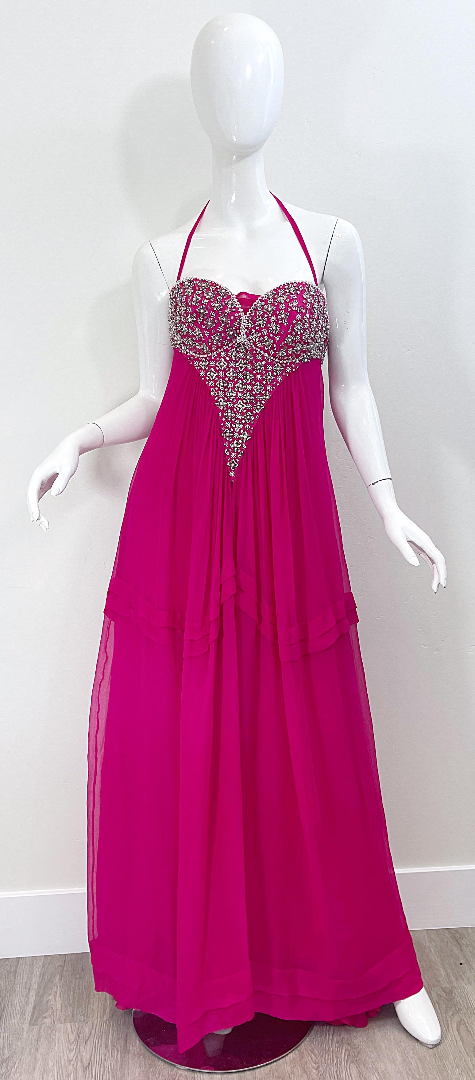 Beautiful vintage late 90s ROBERTO CAVALLI hot p[ink silk chiffon beaded / pearl / rhinestone encrusted halter gown ! This flattering evening dress features thousands of hand-sewn sequins, beads, rhinestones and pearls throughout the front and back