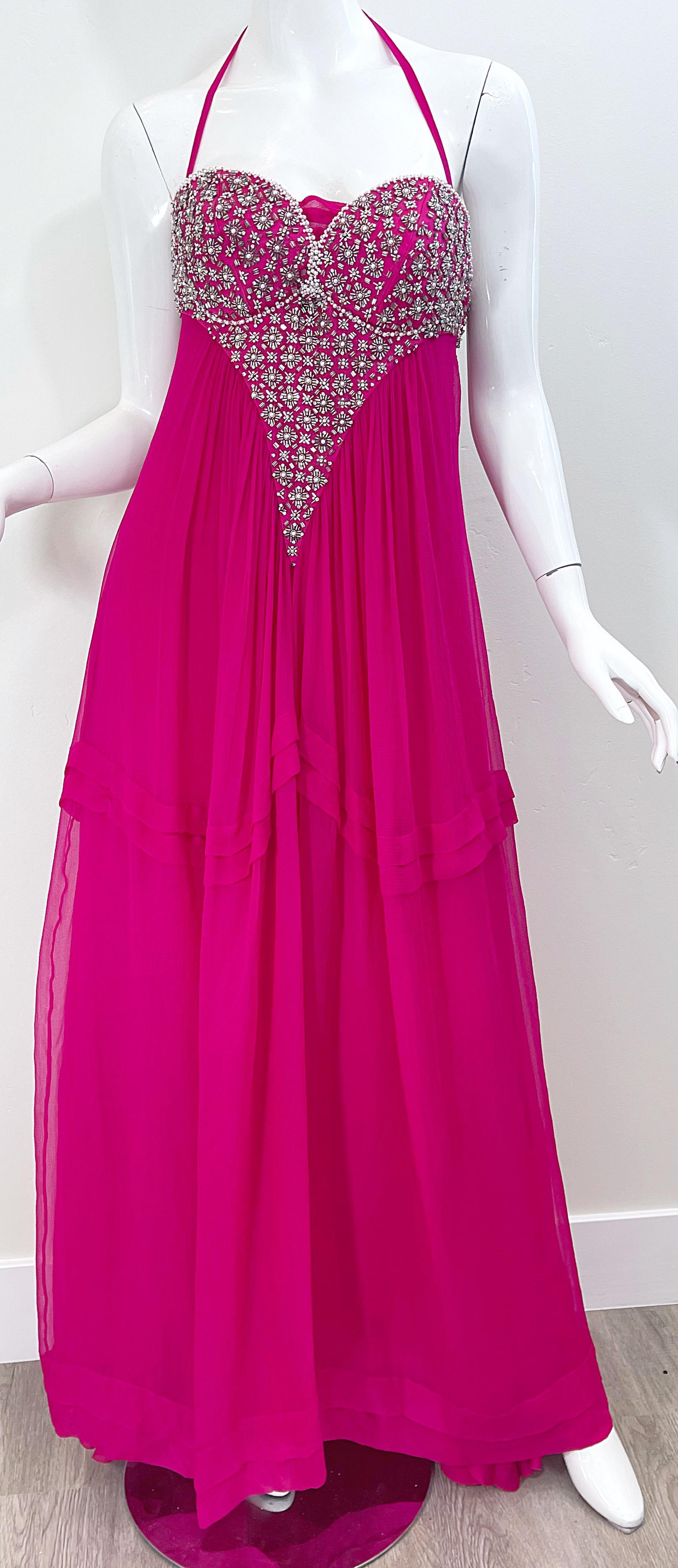 1990s Roberto Cavalli Size 44 / US 8 Hot Pink Chiffon Beaded Rhinestone 90s Gown In Excellent Condition For Sale In San Diego, CA