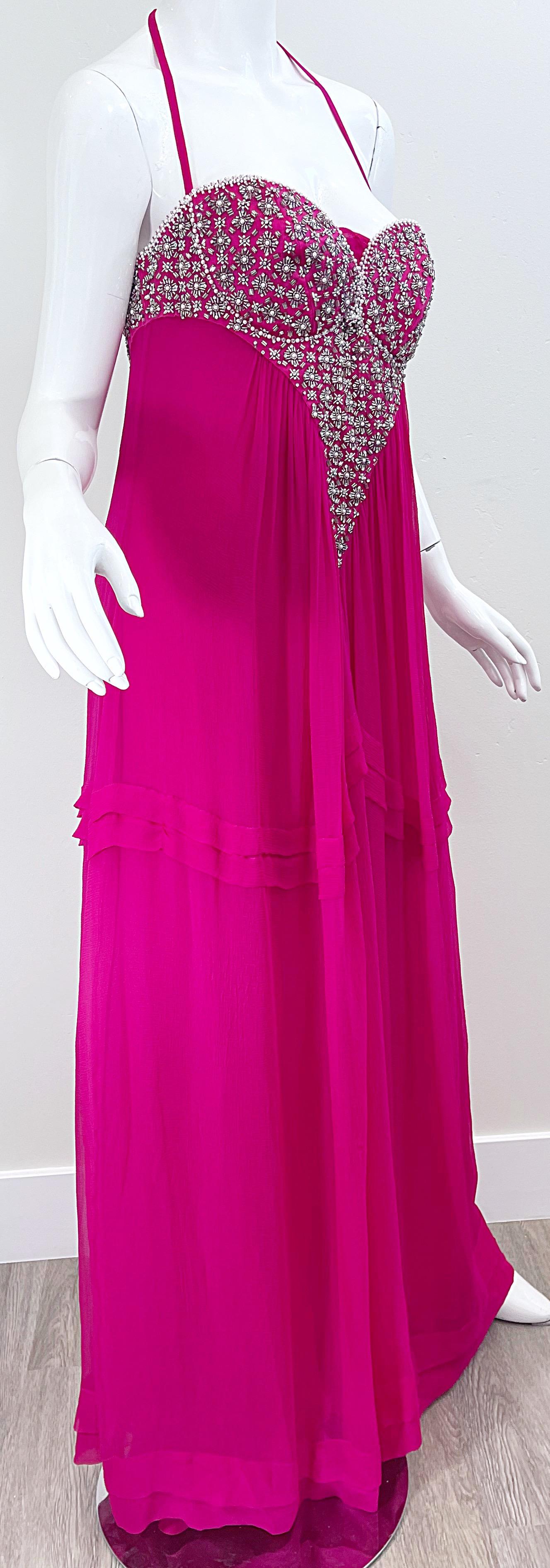 1990s Roberto Cavalli Size 44 / US 8 Hot Pink Chiffon Beaded Rhinestone 90s Gown For Sale 1