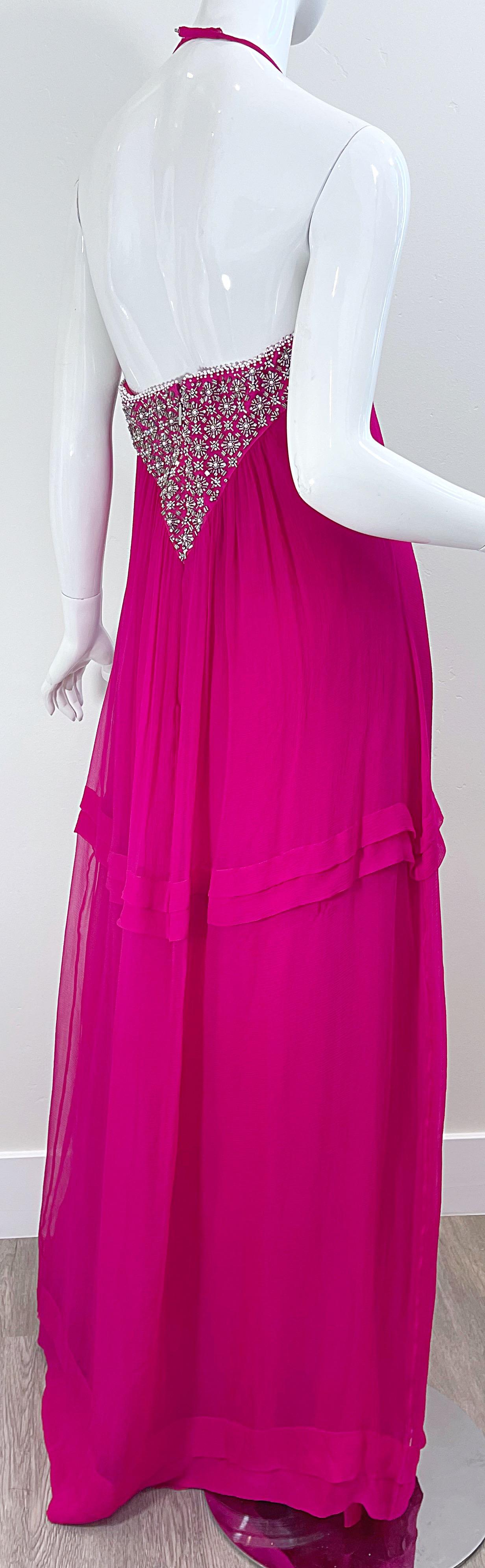 1990s Roberto Cavalli Size 44 / US 8 Hot Pink Chiffon Beaded Rhinestone 90s Gown For Sale 2