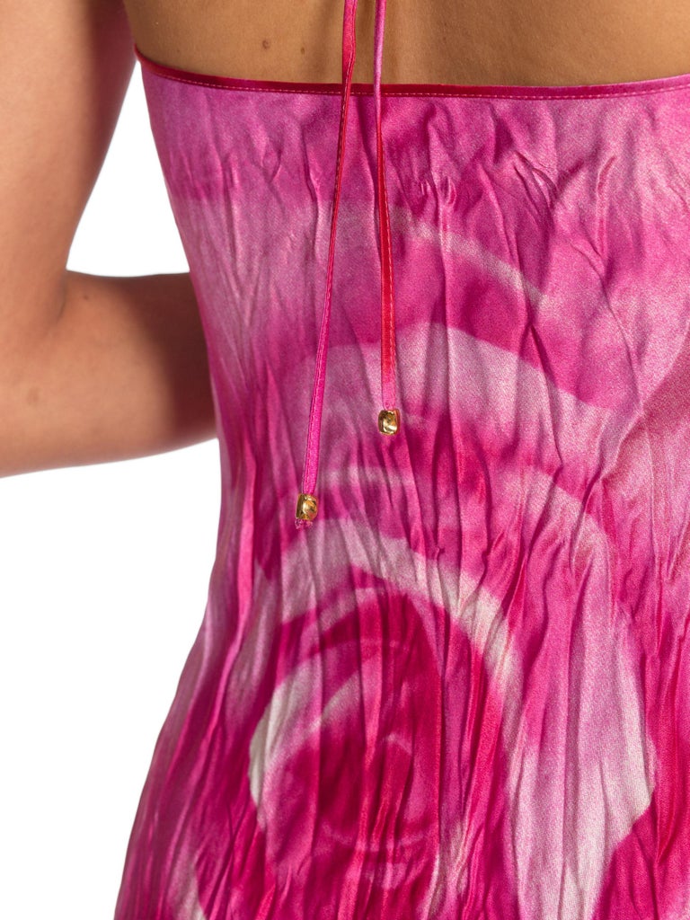 1990s Roberto Cavalli Tie-Dye Rose Print Wrinkled Bias Cut Silk Slip