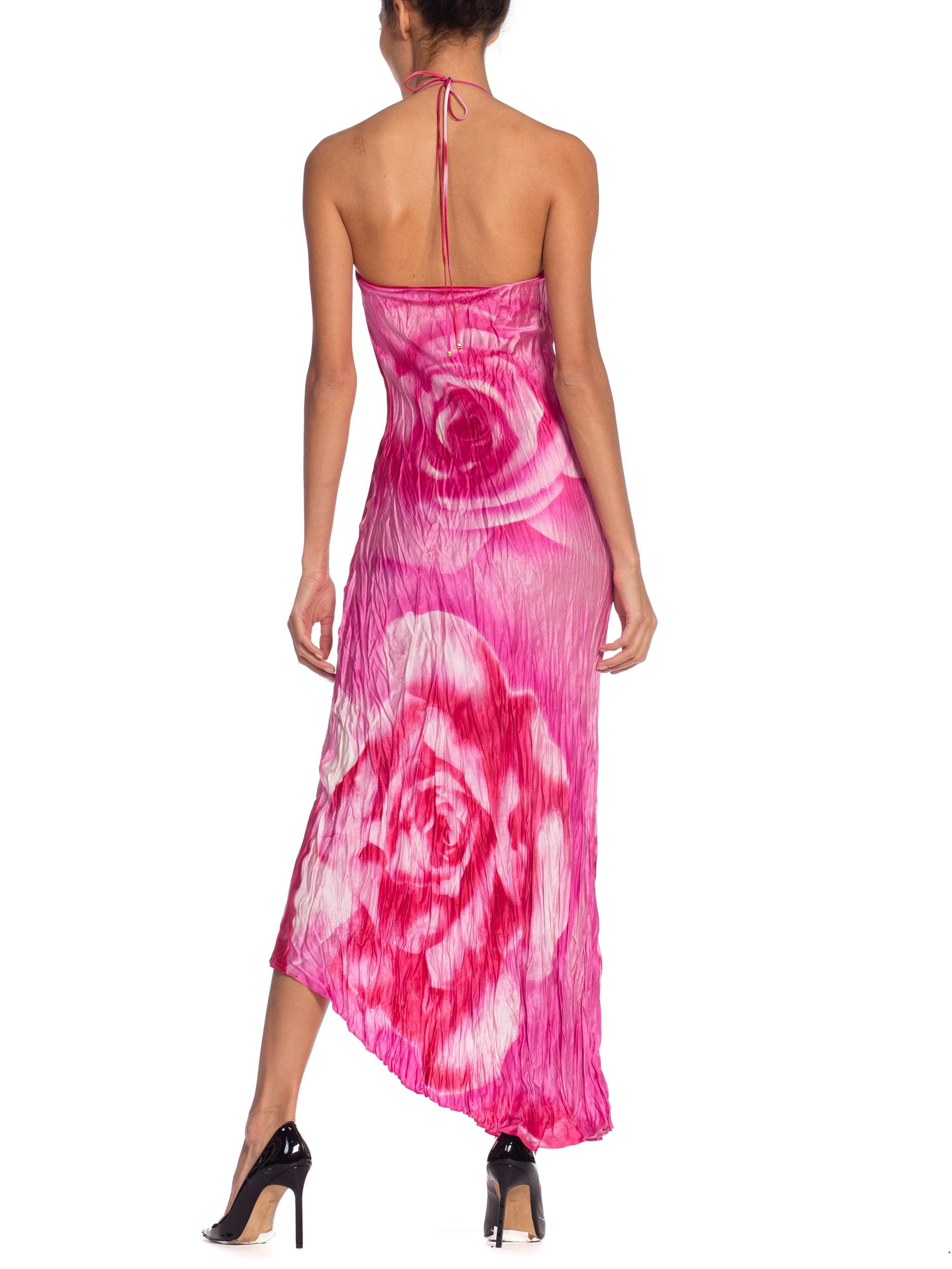 Pink 1990s Roberto Cavalli Tie-Dye Rose Print Wrinkled Bias Cut Silk Slip Dress