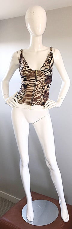 1990s Roberto Cavalli Vintage Animal Print Sexy Silk 90s Bustier Corset 90s Top