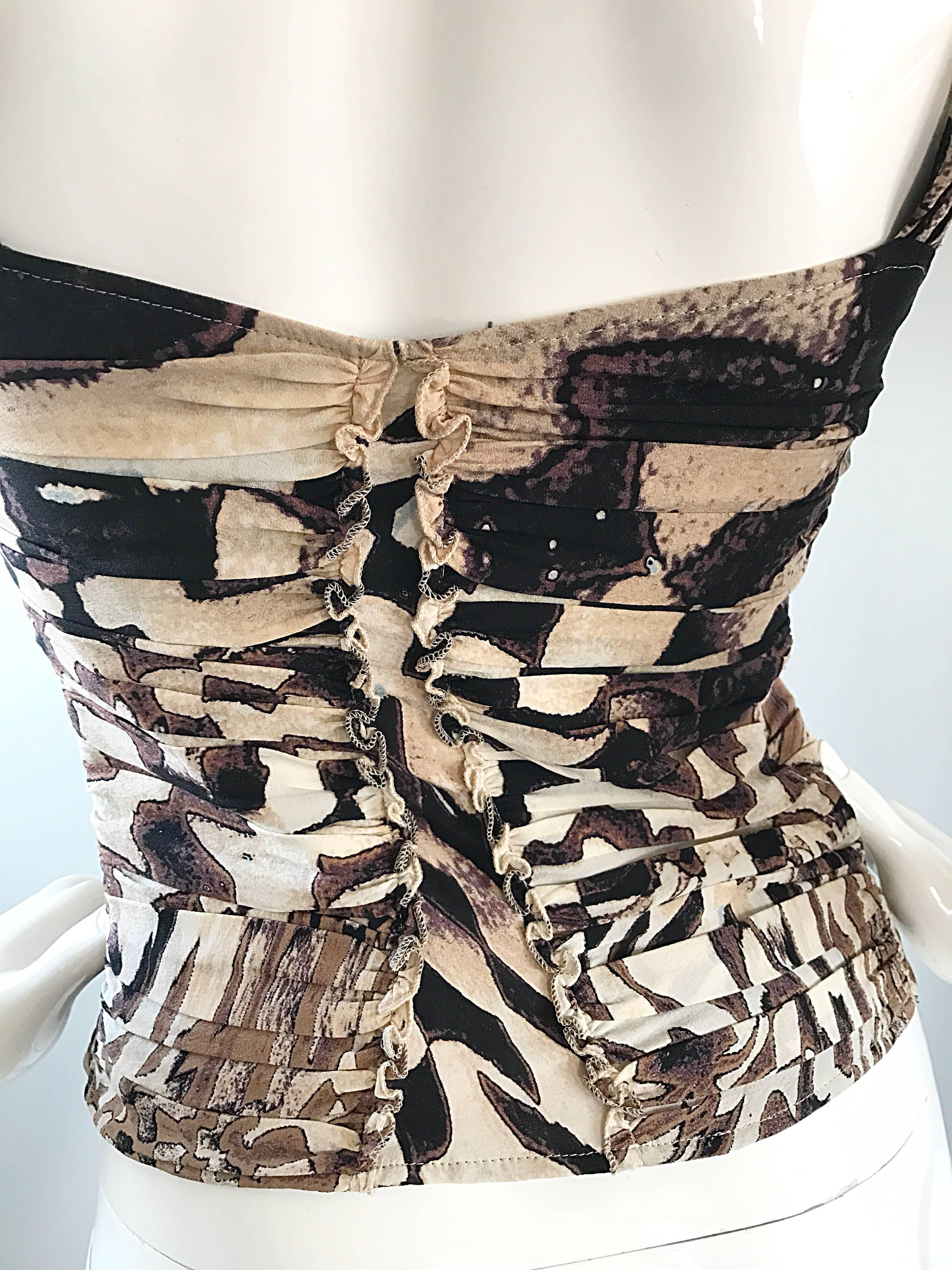 Brown 1990s Roberto Cavalli Vintage Animal Print Sexy Silk 90s Bustier Corset 90s Top