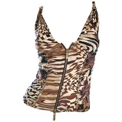 1990s Roberto Cavalli Retro Animal Print Sexy Silk 90s Bustier Corset 90s Top