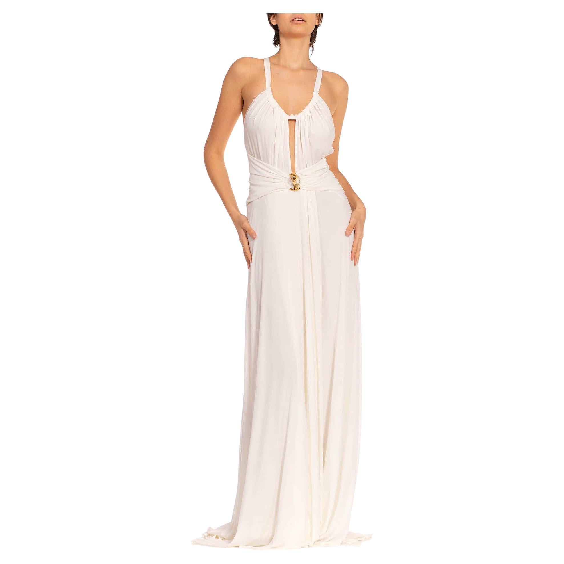 1990S Roberto Cavalli White & Gold Silk Jersey Sexy Snake Trim Gown For Sale