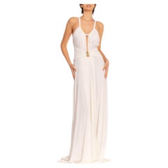 1990er Roberto Cavalli Sexy Seidenjersey-Kleid mit Schlangenbesatz in Weiß & Gold