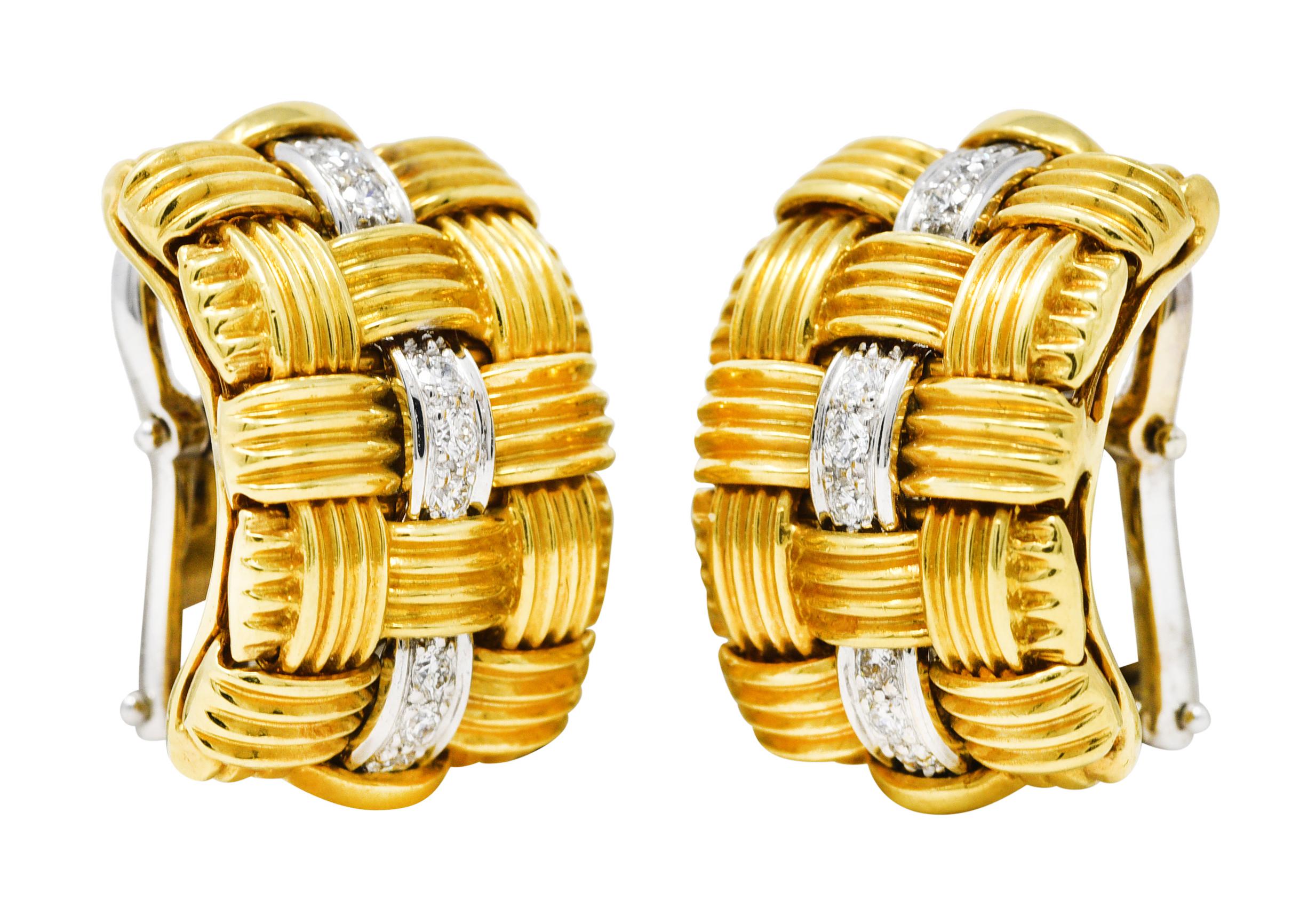 Women's or Men's 1990's Roberto Coin Diamond 18 Karat Two-Tone Gold Half-Hoop Earrings