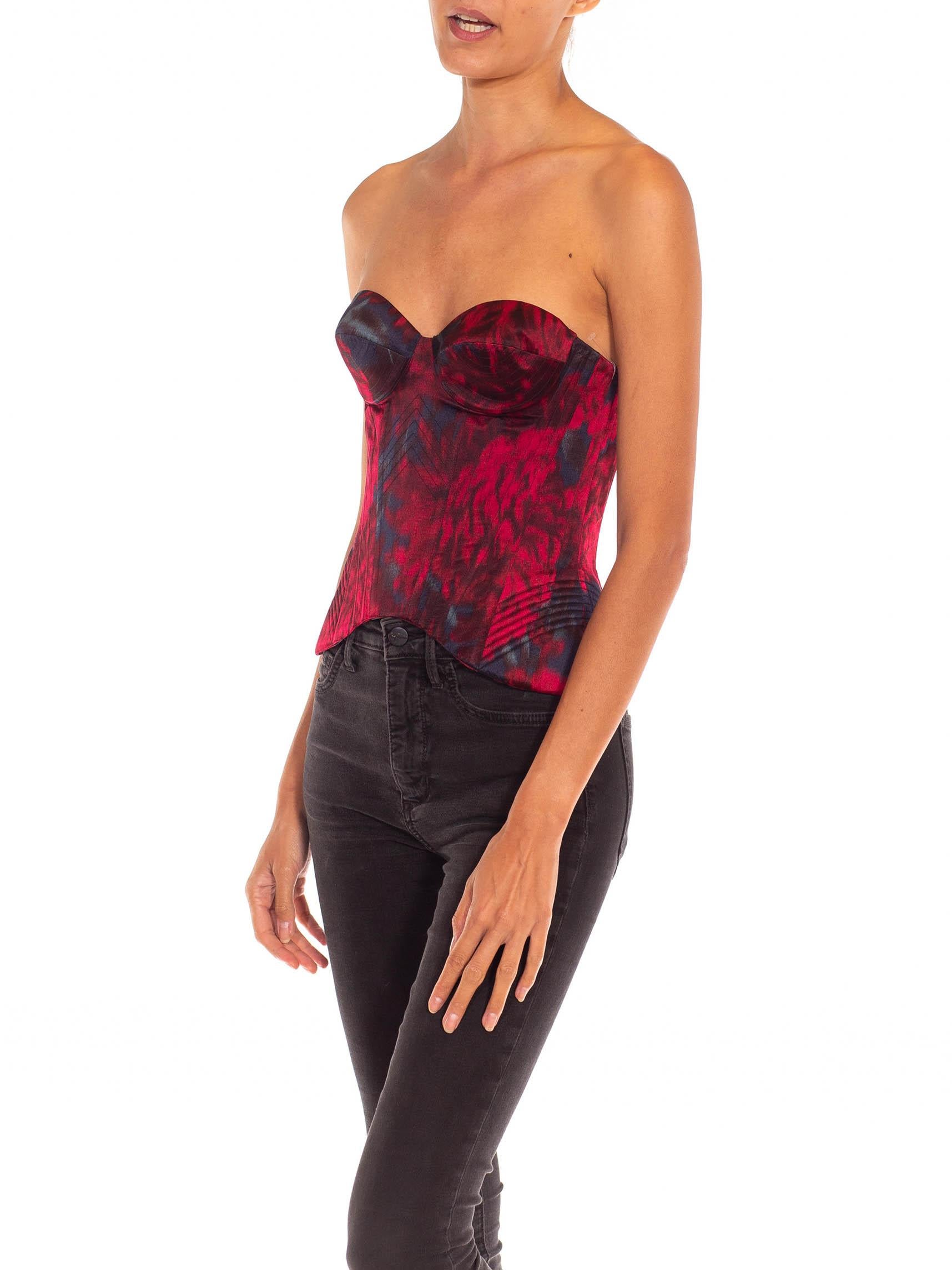 1990S ROCHAS Burgundy & Dark Teal Silk Corset In Excellent Condition For Sale In New York, NY