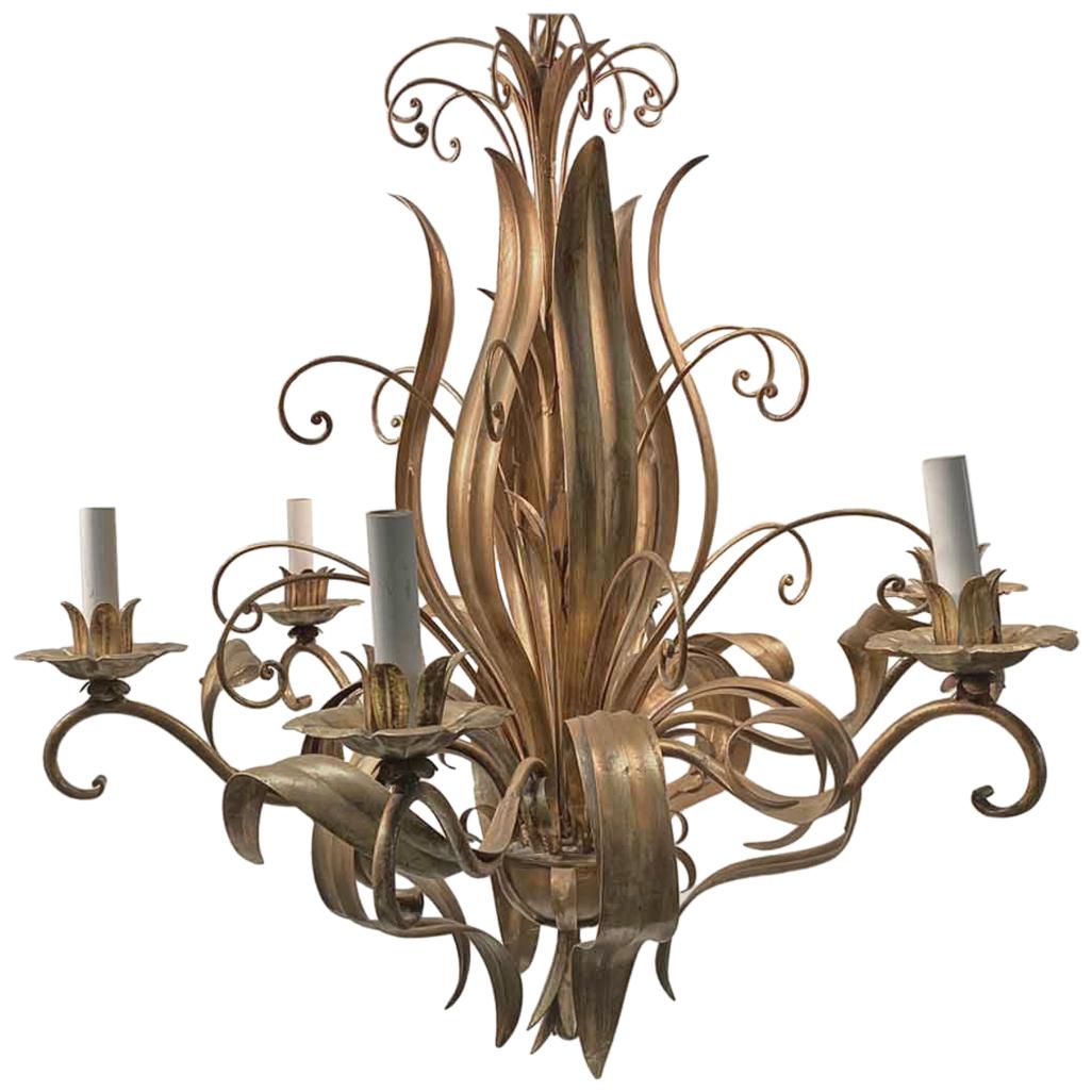 2000s Rococo Italian Floral Chandelier with Gold Leaf Filigree, Six-Light